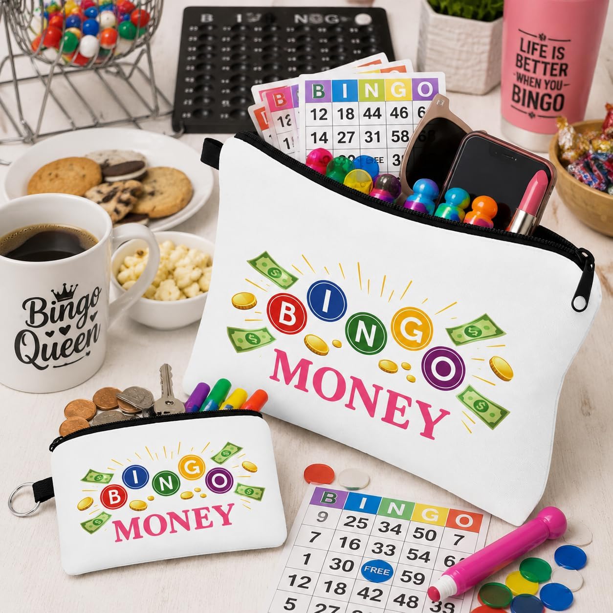 Bingo Money Makeup Bag Set, Bingo Lover Gift for Women, Funny Bingo Player Cosmetic Bag, 2 Pack Large and Small Zipper Pouch, Bingo Night Accessories Travel Organizer image 4