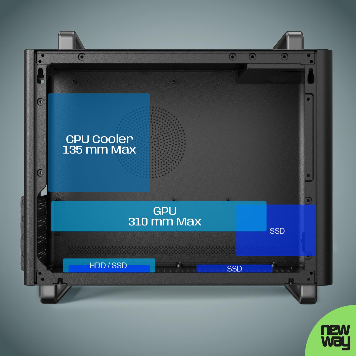 NEWWAY NC1 Case PC Mini Tower Portatile - Compatibile con Mini-ITX, ITX, Micro-ATX - USB Tipo C - 1 x Ventola Inclusa 9MM 3 PIN Molex - Parete in Rete Metallica - Nero