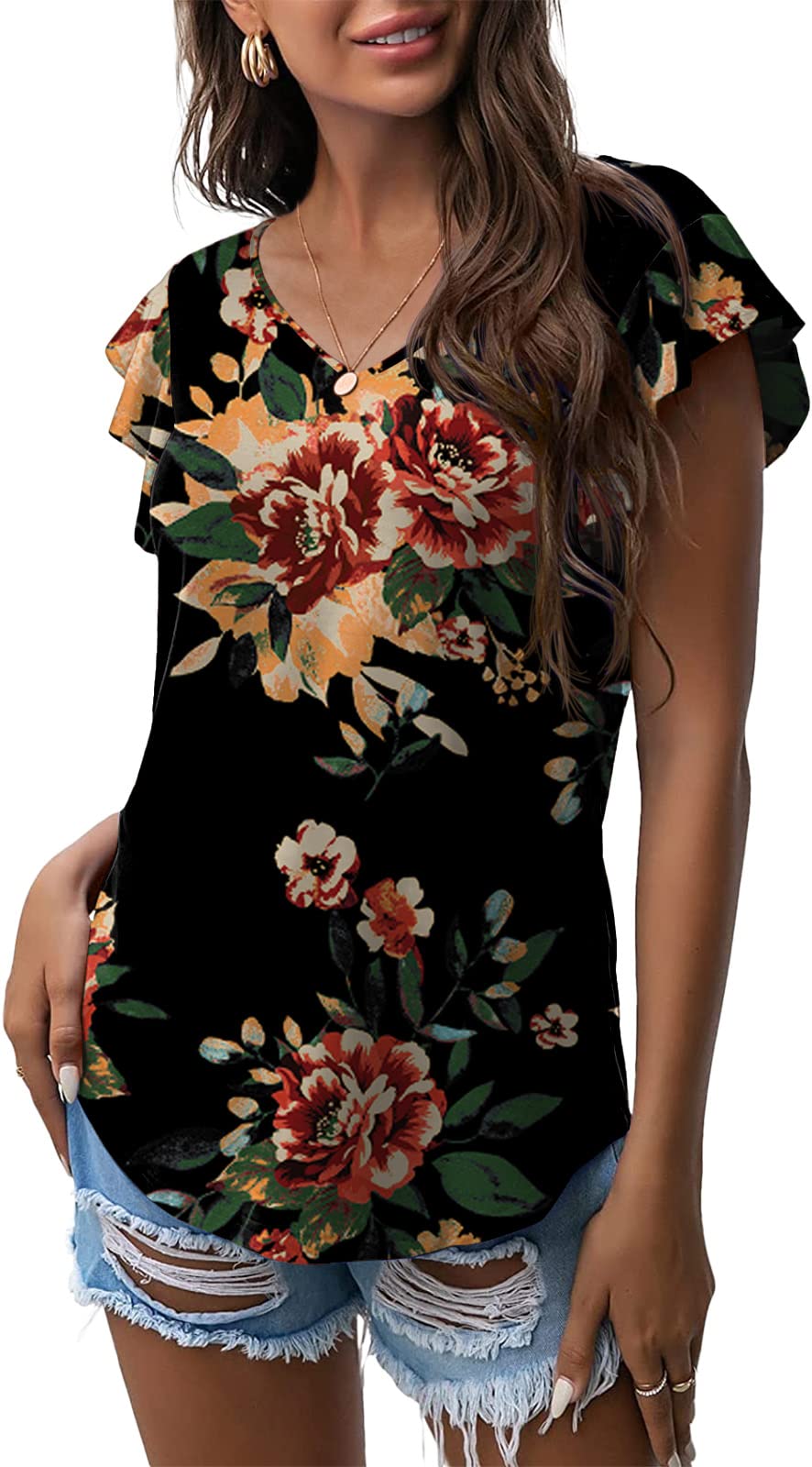 Photo 1 of Askyes Womens Summer Tops 2023 Knit Shirts Casual Ruffle Short Sleeve V Neck Tunic Top Loose Blouse T Shirts Tunics for Women 3X-Large Black Brown Fl