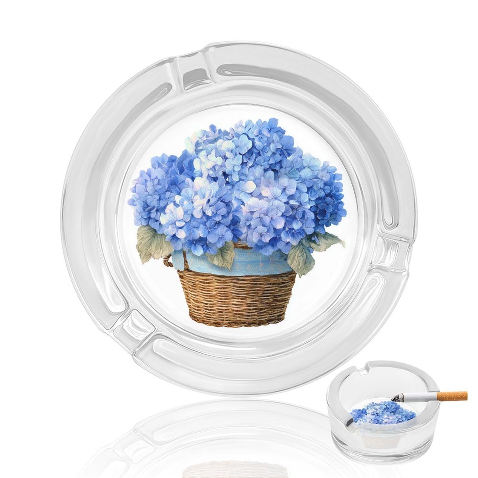 Watercolor Blue Hydrangea in A Basket Glass Ashtray for Cigarettes Portable Decorative Ash Trays for Home Office Decor