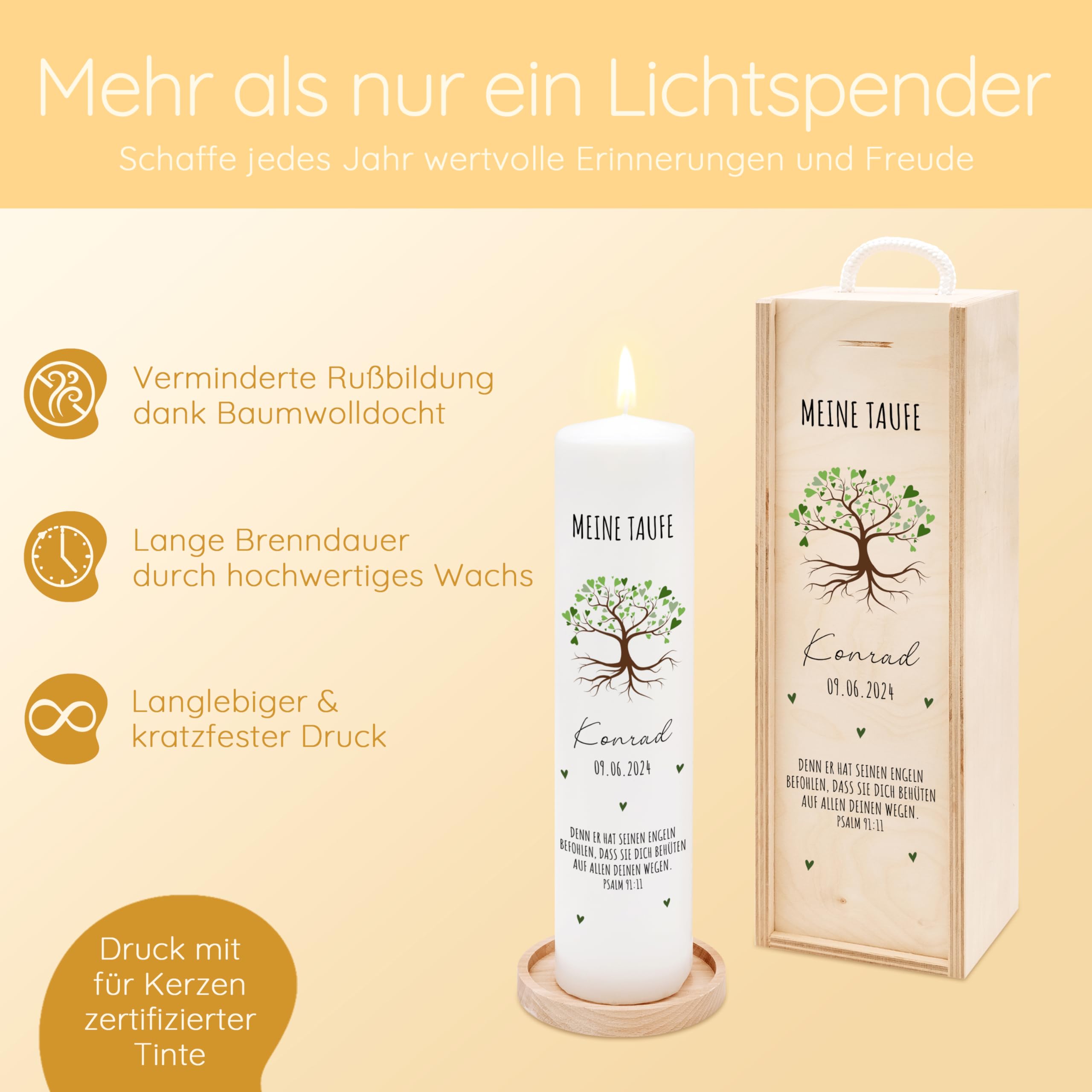 Bärenfreunde® - Personalisierte Taufkerze mit Spezial-Druck (M, L, XL) - ohne Ruß-Bildung - mit Holzkiste oder Untersetzer - Taufe Geschenk, Geschenk zur Geburt (XL Kerze)