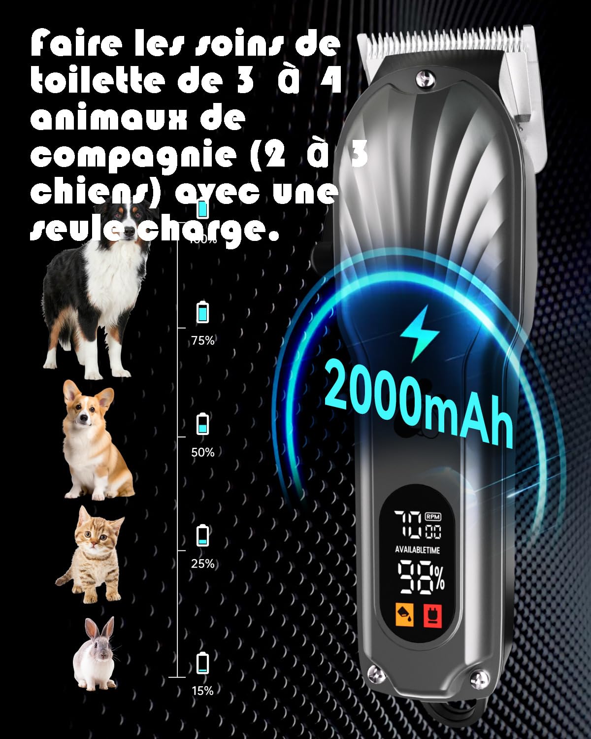 Tondeuse pour chien professionnelle, pour poils longs et épais, tondeuse pour animaux, sans fil, écran LED, tondeuse rechargeable à faible bruit avec kits de toilettage d'ongles