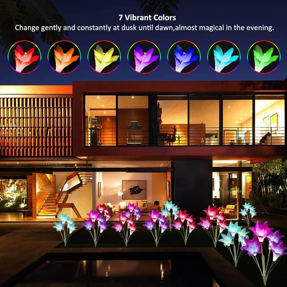 Amzxart - Luci solari per esterni, confezione da 4 pezzi, 16 fiori di giglio impermeabili a LED a energia solare, luci da giardino, multicolore che cambiano per vialetto, patio, cortile, passerella