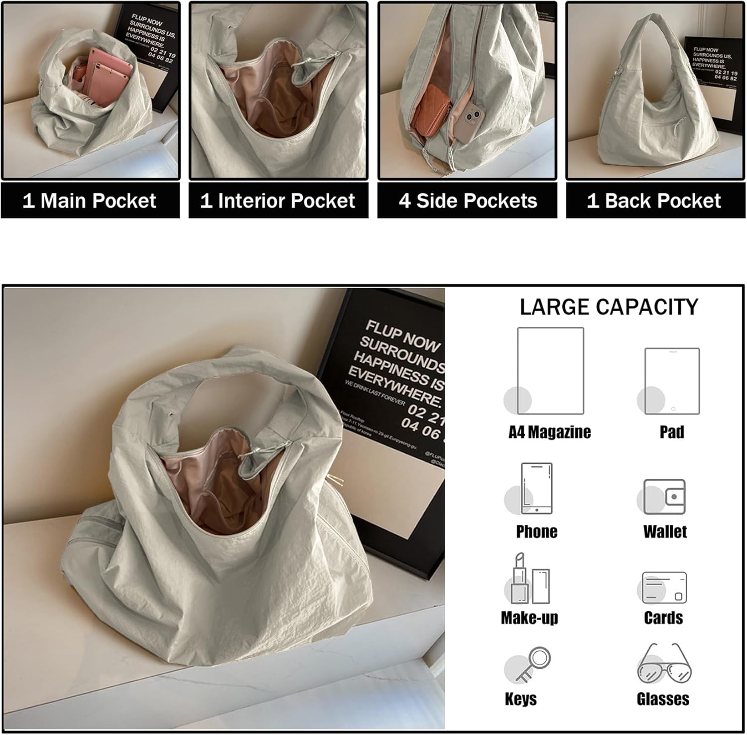 Slouchy Tote Bag Nylon Solid Pleated Handbag Large Hobo Bags for Women Multipockets Crescent Shoulder Bag - Image 3