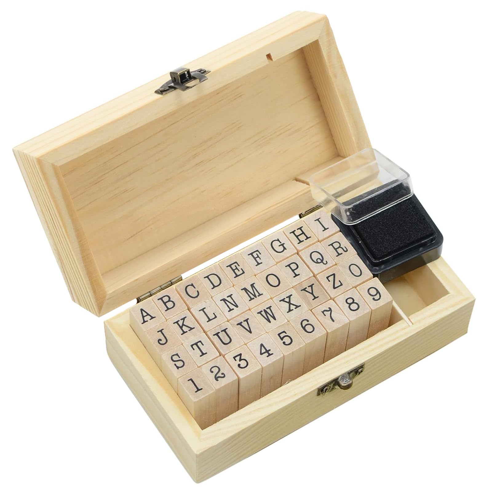 Letter Stamps 36 Pcs with Wooden Storage Box, Premium Alphabet Stamps Set for Crafting, Essential Rubber Letter Stamp Kit for Clay, DIY Cards & Scrapbooking