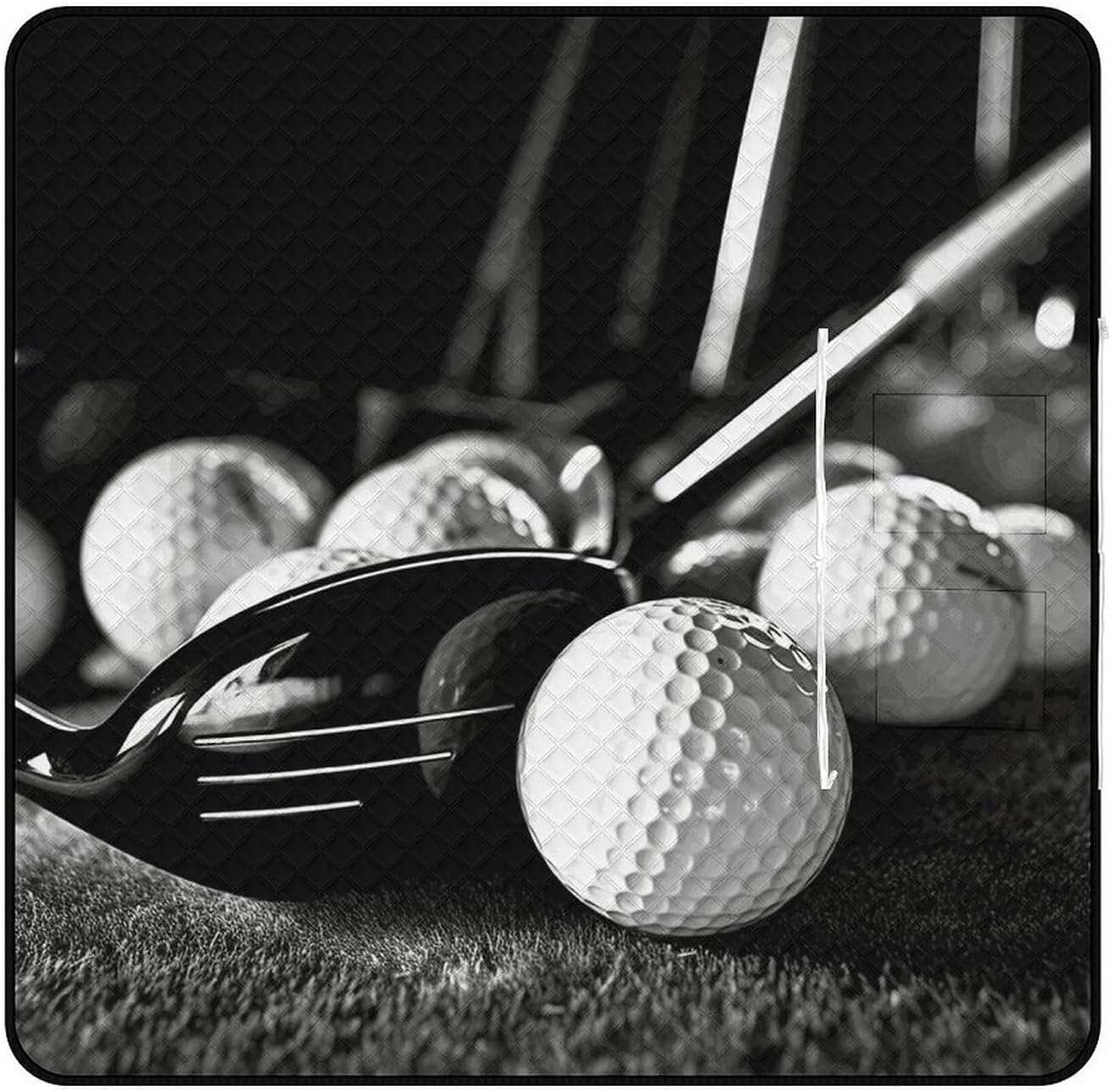 Black and White Golf Picnic Blanket 200x200cm, Foldable 2-in-1 Picnic Mat and Tote Bag Portable Waterproof Beach Mat Sandproof Outdoor Blanket for Park, Hiking, Beach, Camping, Travel