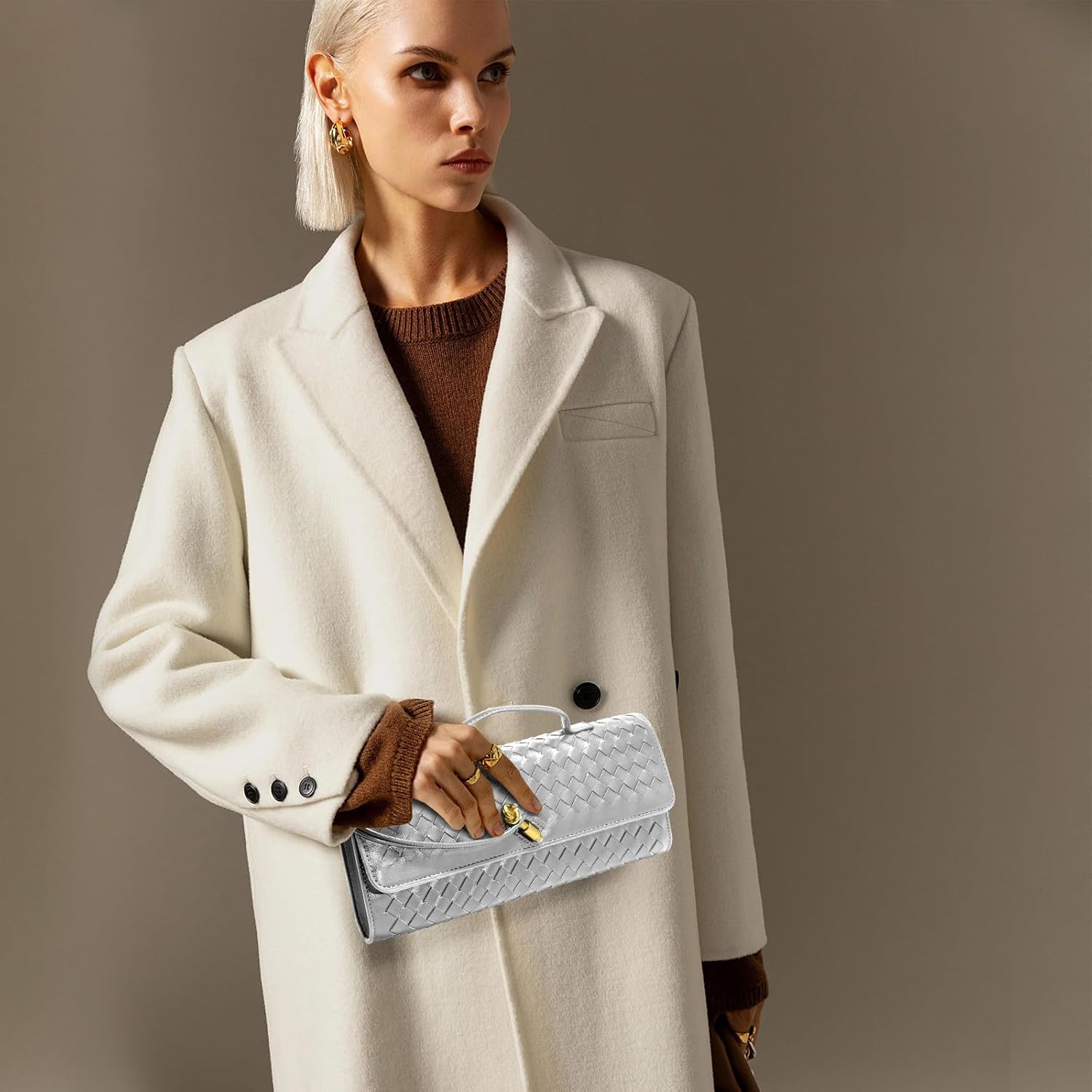 Woven Clutch Purses for Women, Formal Satchel Leather Evening Bag Shoulder Handbag - Image 3