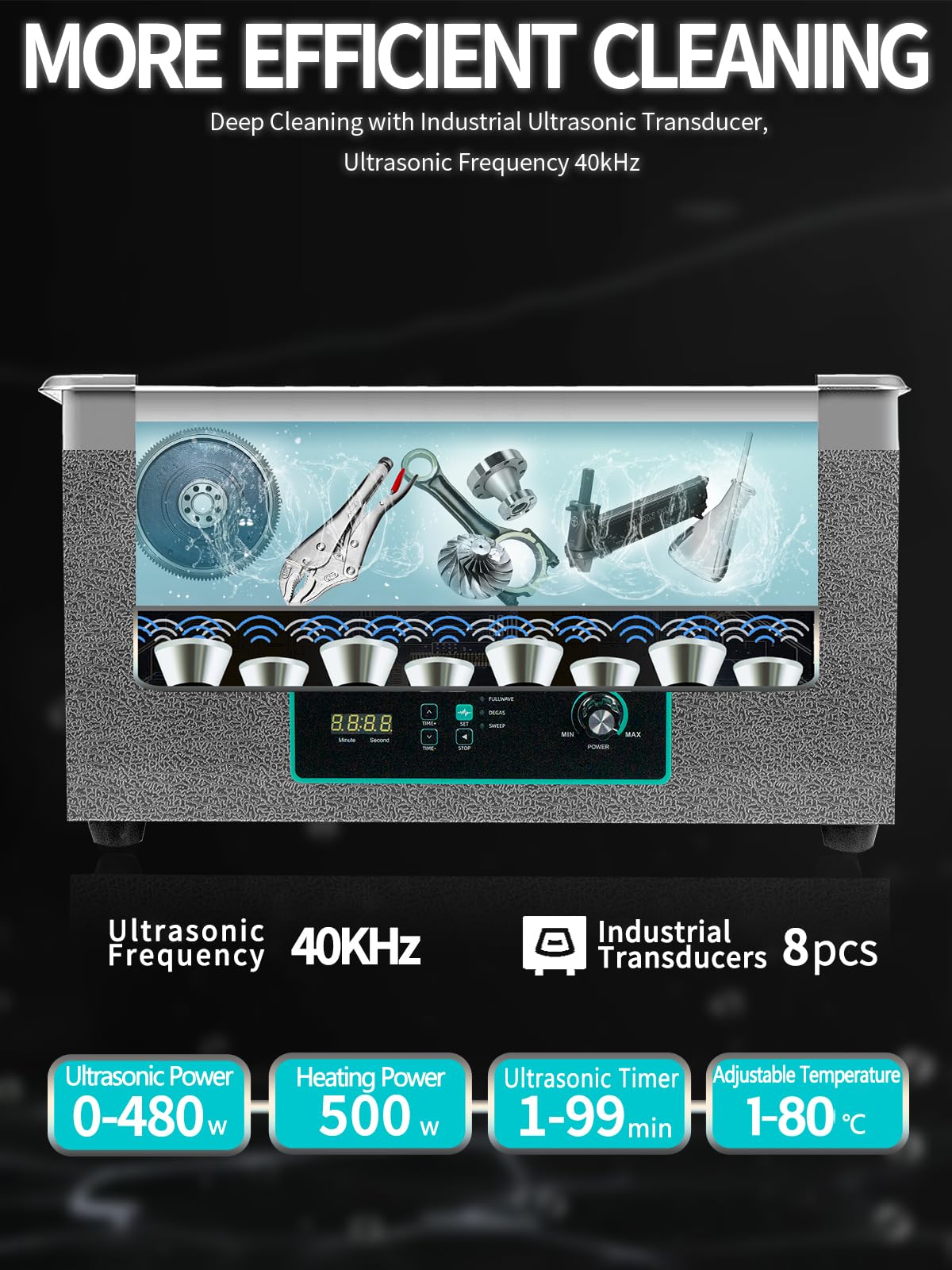 Limpiador ultrasónico de 20 l con potencia y barrido ajustable, limpiador ultrasónico de 480 W, temporizador y calentador digital, limpiador de piezas de alta resistencia para herramientas