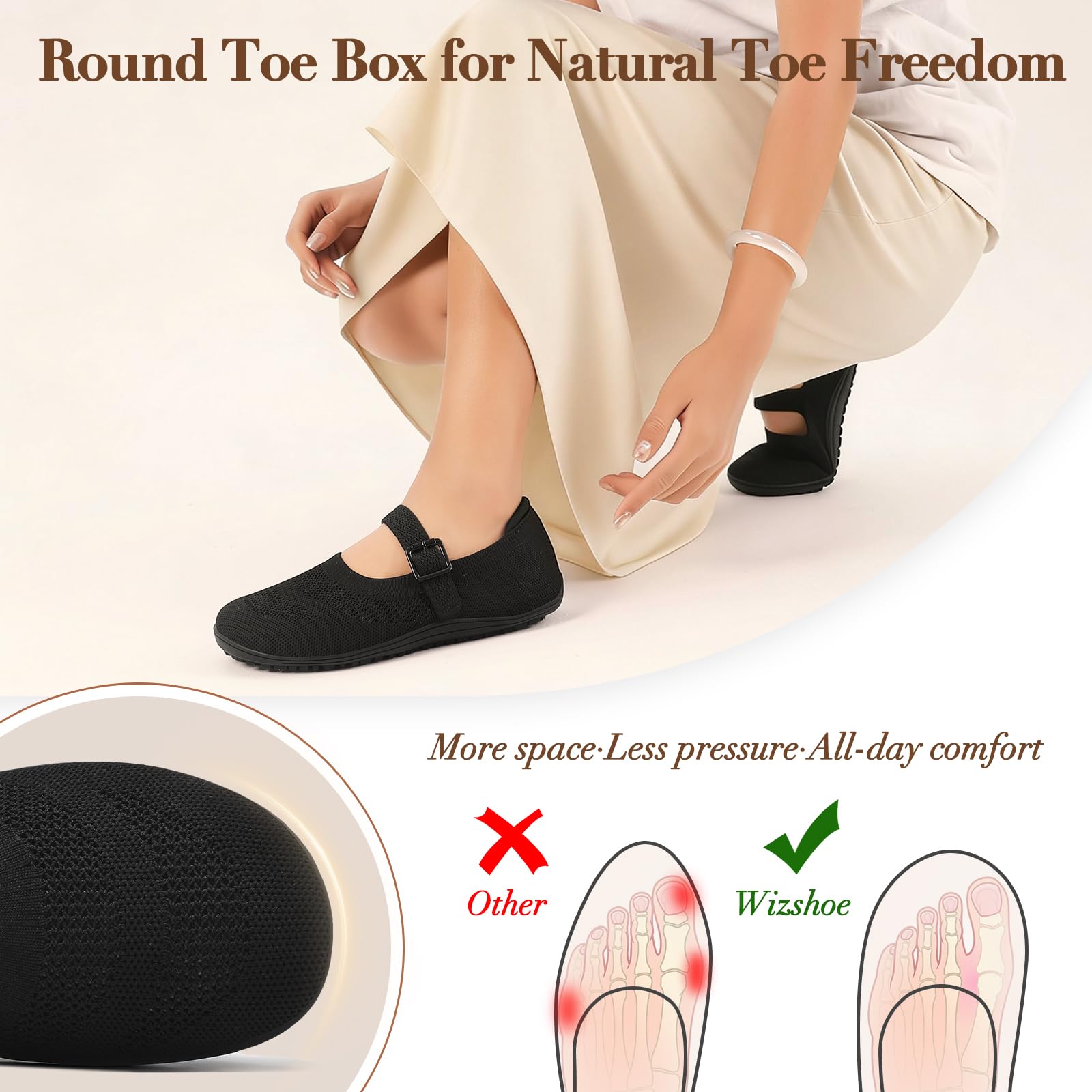 Wizshoe Bailarinas Barefoot Mujer Zapatos Planos de Verano Ligeros y Cómodos con Punta Redonda Bailarina de Punto con Correa y Hebilla 37–42EU