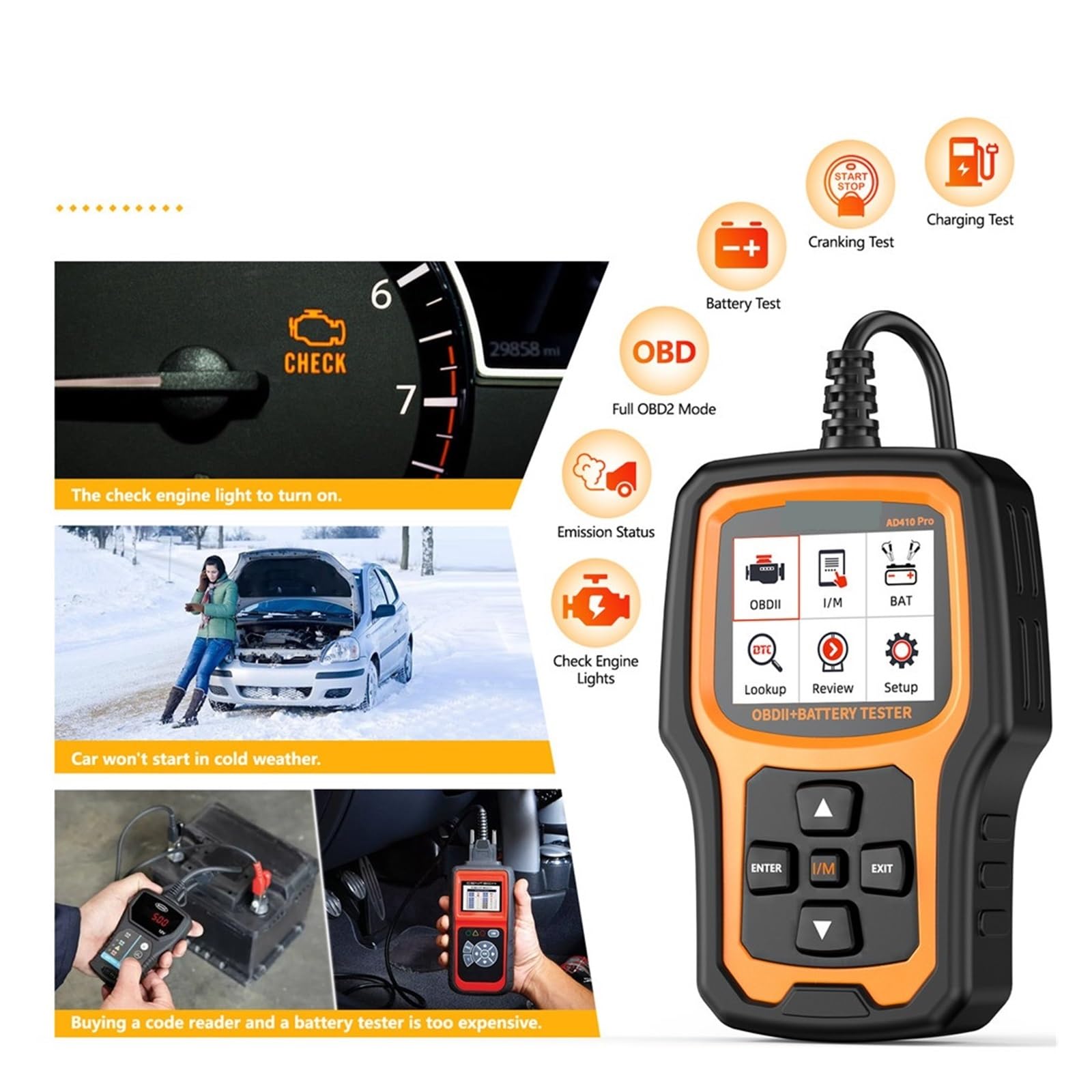 Probador de batería, Escáner AD410 con probador de batería automático, herramienta análisis del carga arranque código luz motor