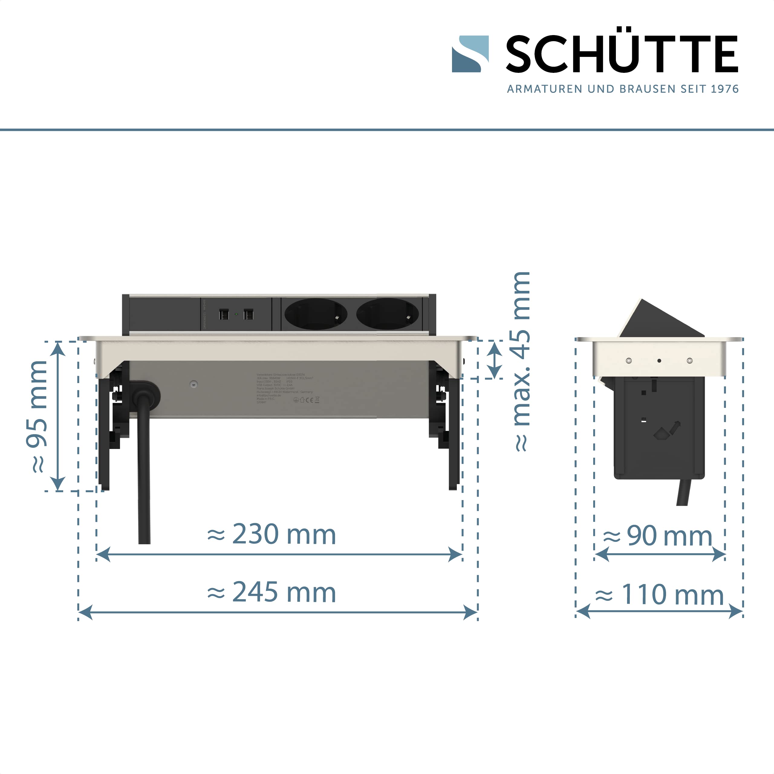SCHÜTTE 3074 klappbare Steckdosenleiste für die Arbeitsplatte (2x USB & 2x 230 V Steckdosen), Einbausteckdose für die Küche zum Nachrüsten, Tischsteckdose aus Edelstahl