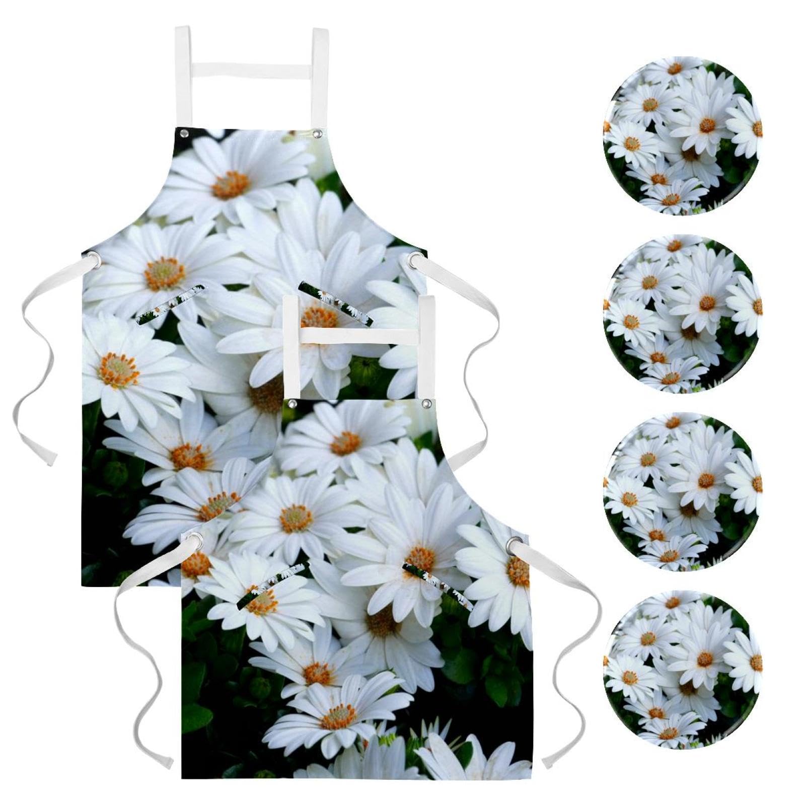 Tablier de cuisine à fleurs blanches One Large avec 4 broches - 7