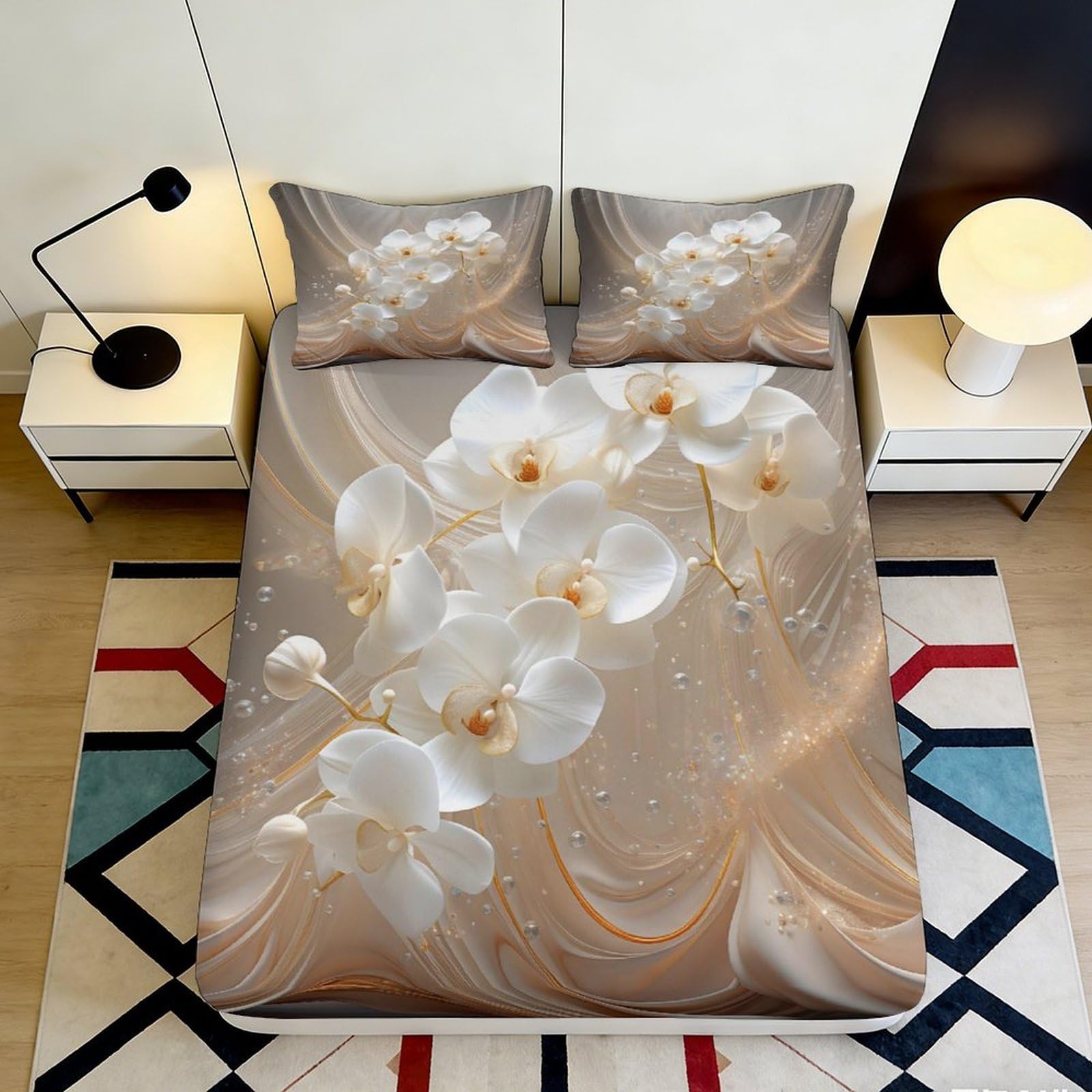 3D Printed White Orchid Fitted Sheet Microfiber Soft Breathable Elegant Floral Bed Cover for Bedroom Dormitory Guest Room Mattress Protection 120x200x25cm