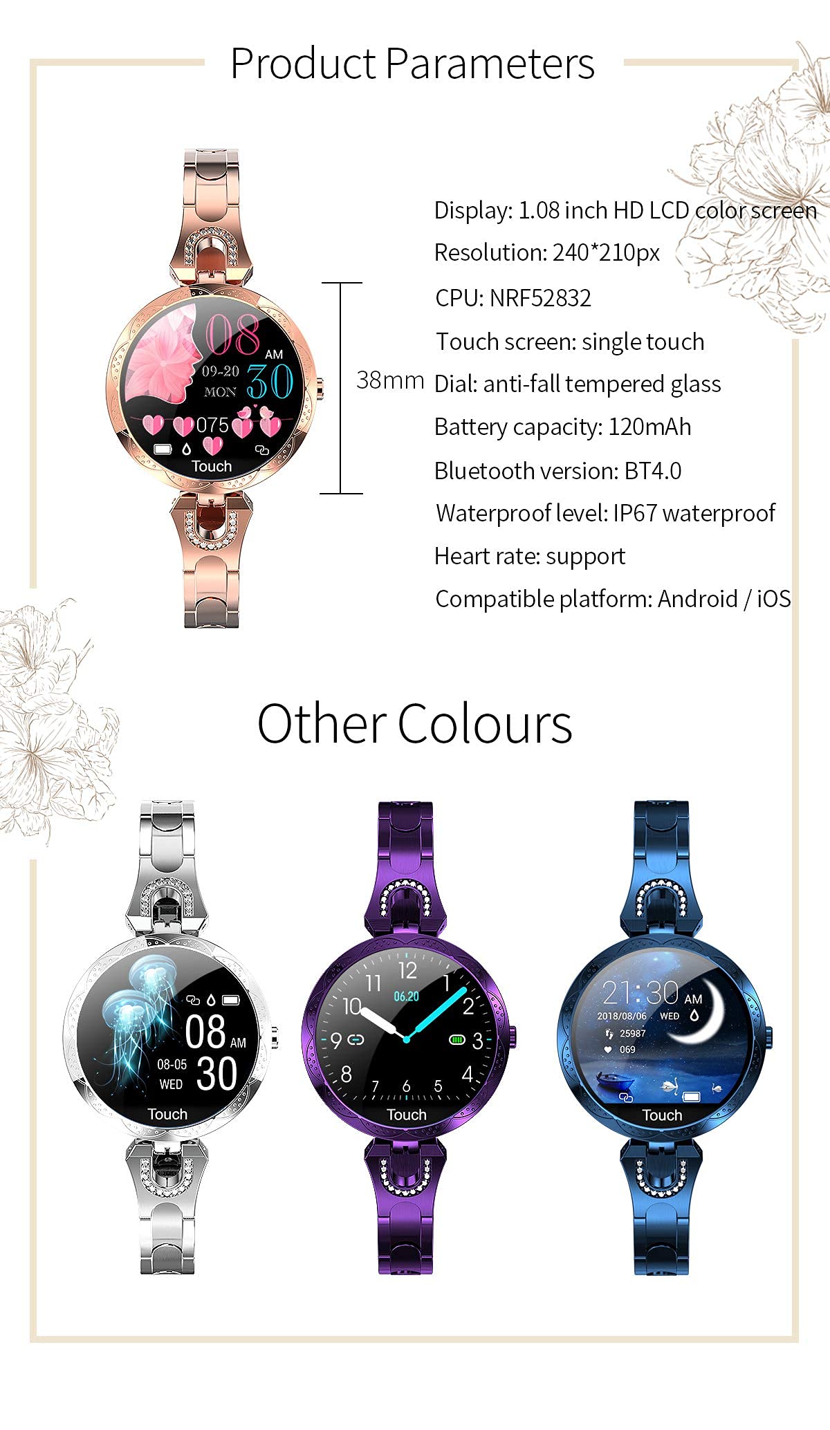 LONGLU Reloj Inteligente para Mujer, Bluetooth smartwatch Compatible con iOS Android iPhone Samsung Fitness Tracker con frecuencia cardíaca Presión Arterial Impermeable podómetro Sleep (Dorado)