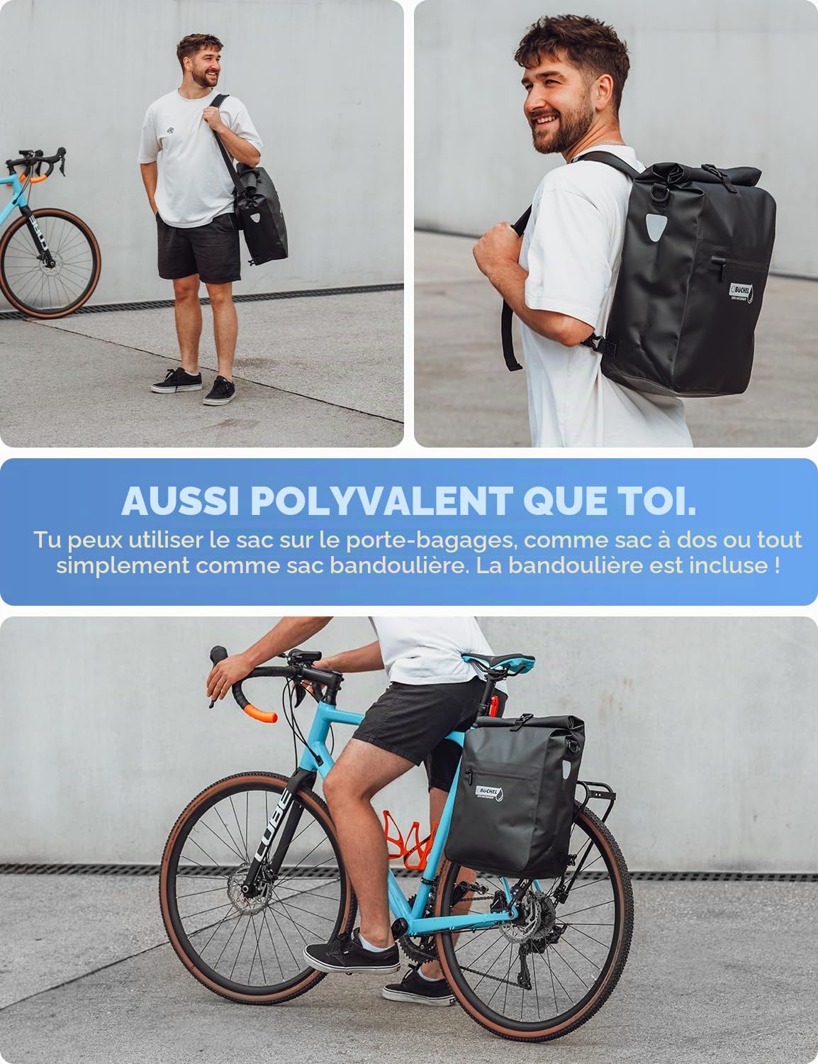 Büchel 3in1 Sacoche de vélo pour Porte-Bagages, utilisable comme Sac à Dos, Sac à bandoulière ou Sacoche de Porte-Bagages | Sacoche de vélo imperméable et réfléchissante