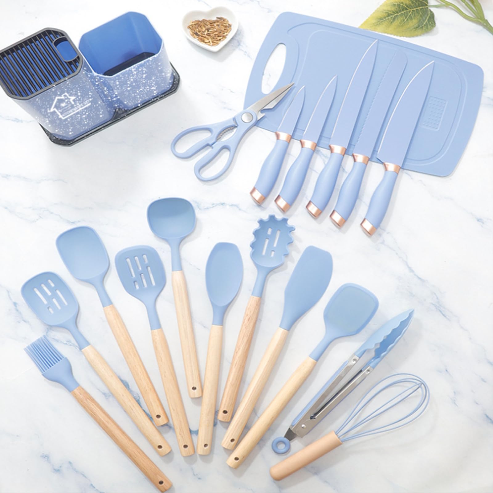 Küchenmesser Set 19 Teiliges Küchenutensilien Set Silikon Küchenhelfer Set mit 12 Kochutensilien,5 Messern,Schneidebrett und Halter,Spülmaschinengeeignet (Blau)