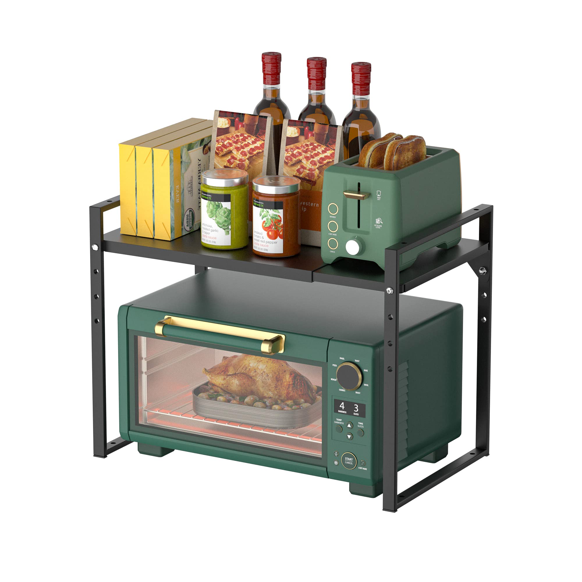 Redrubbit Extendable Microwave Oven Rack, Heavy Duty Steel Metal Shelf Adjustable Height Home Office Pantry Shelf Space for Kitchen Counter Organization, Black