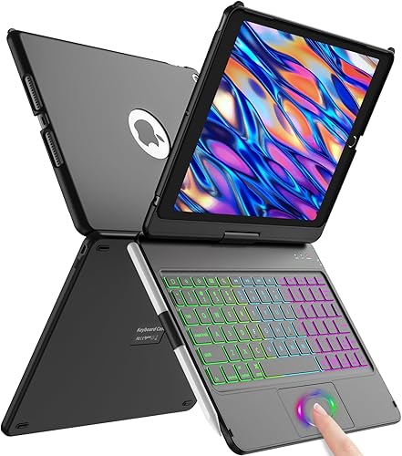 aMZCaSE Funda para iPad de 9ª/8ª/7ª generación con teclado y soporte para bolígrafo, retroiluminación colorida, cubierta delgada giratoria de 360°,