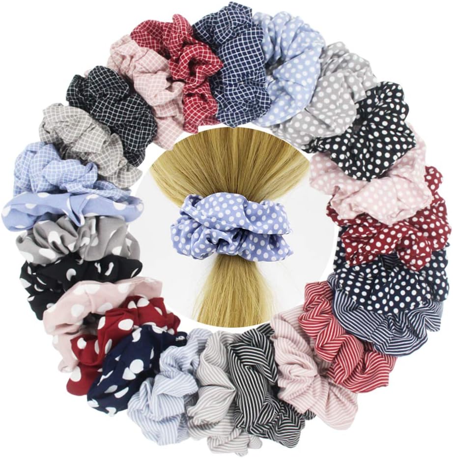 SUSULU 24pcs Chiffon Scrunchies for Hair Elastic Ties Rubber Band Ponytail Holder for Women Accessories, Striped Polka Dot Check Plaid Printed Hair Band