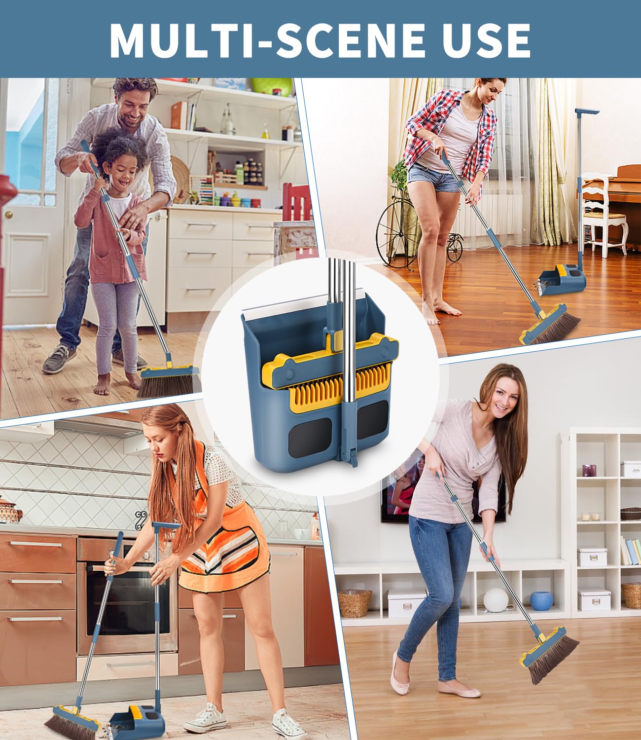 LEAZZLE Escoba y Recogedor Plegable con Mango Largo, Giratorio 180° para Interior Cocina