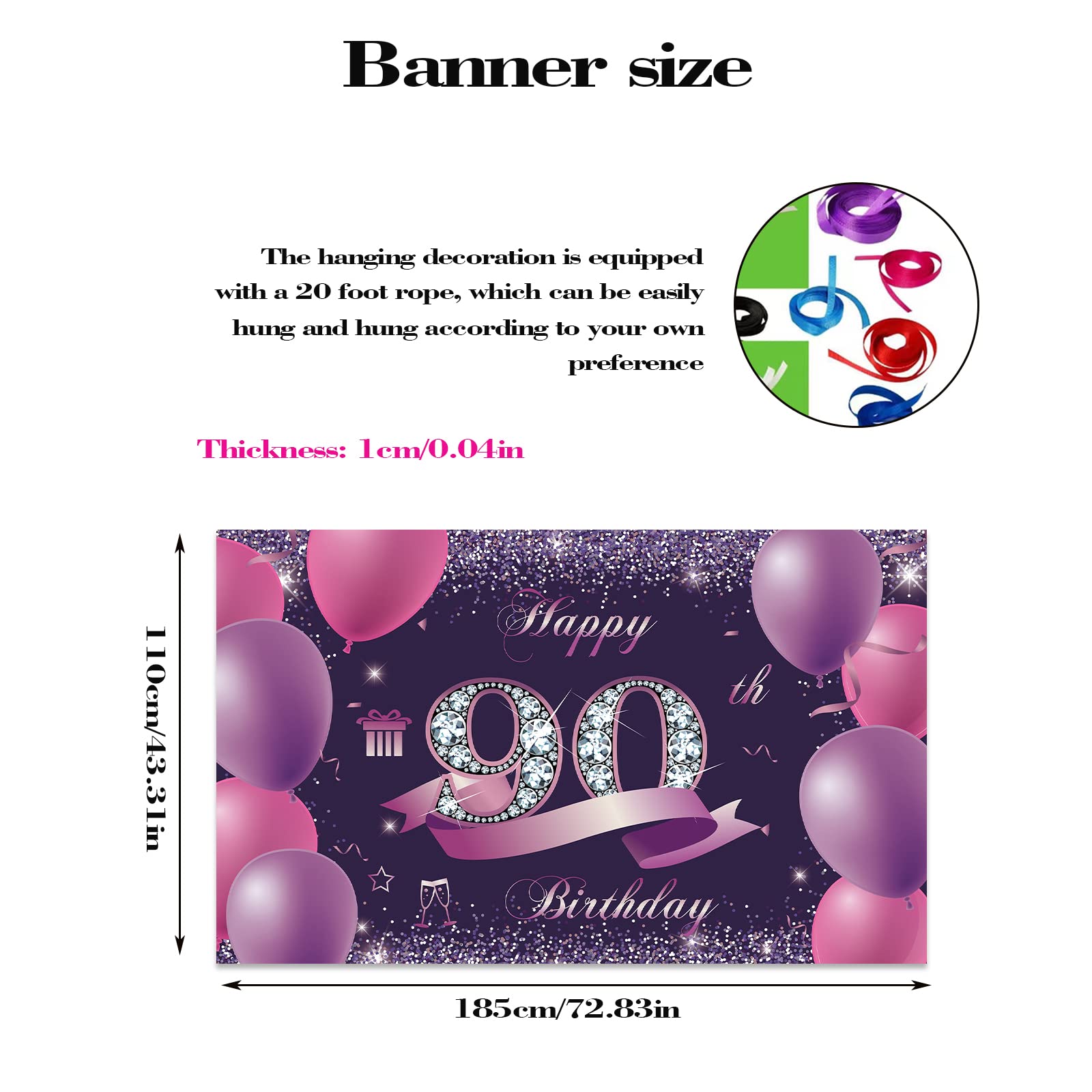 Decorazioni Per 90° Compleanno KAYLRE – Striscione Tessuto Viola E Nero 185x110 Cm, Con Corda, Per Festa Uomo/donna