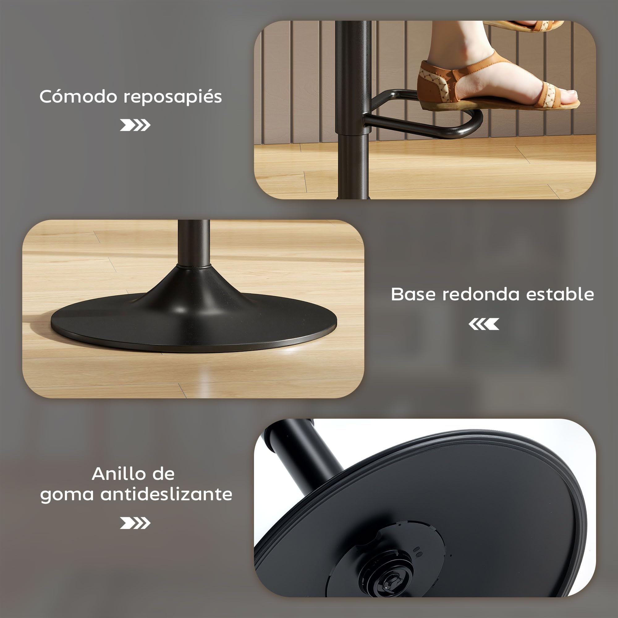 HOMCOM Juego de 2 Taburetes de Bar Taburetes Altos de Cocina Regulable en Altura 84-104 cm con Respaldo y Reposapiés Tapizado en PU Giratorio en 360° para Comedor Mostrador Negro