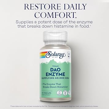 SOLARAY DAO Enzyme - Digestive Enzyme that Breaks Down Histamine - 60,000 HDU - Digestive Enzymes - Vegan, Gluten Free, Lab Verified - 30 Servings, 30 VegCaps