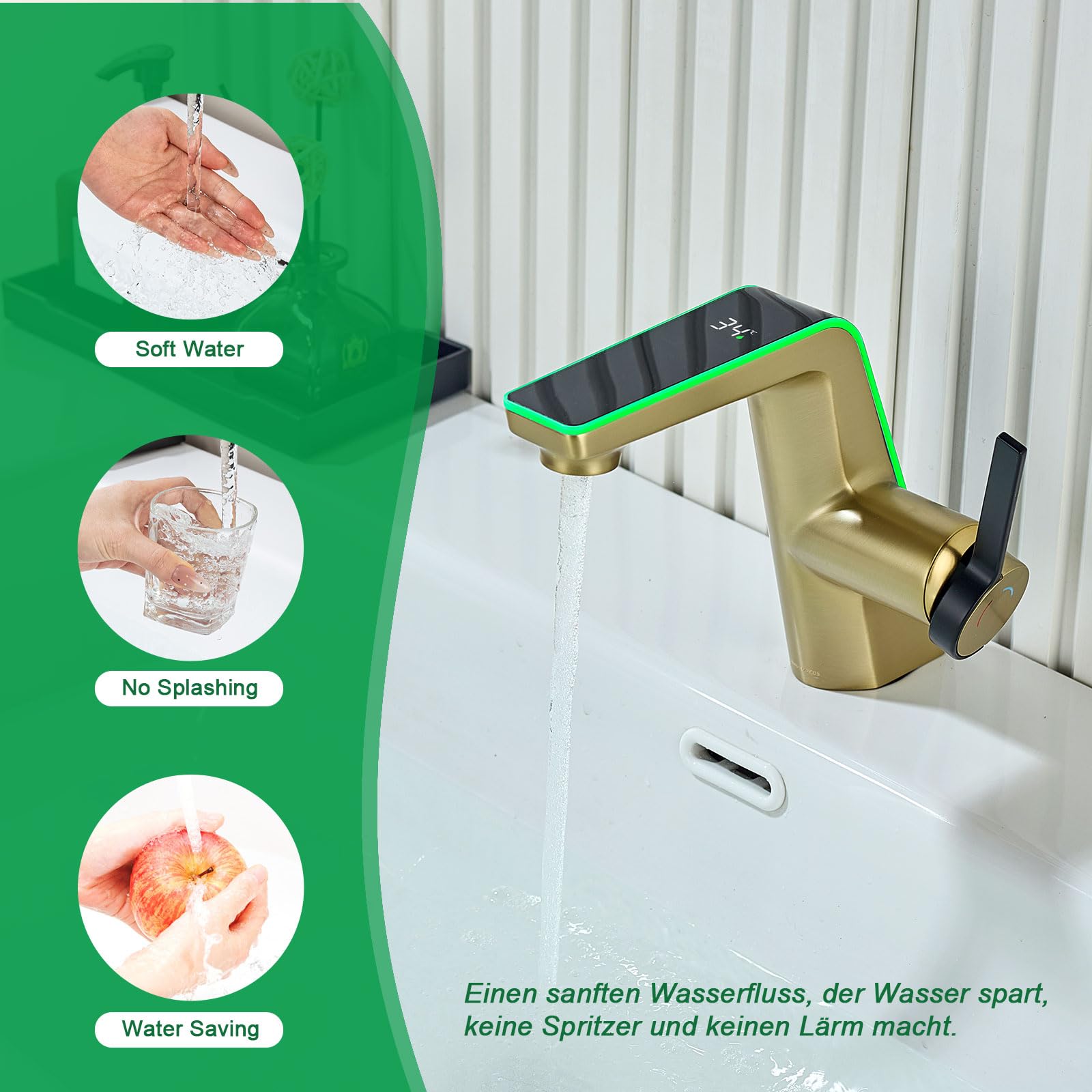 Grifo de baño con indicador de Temperatura LED,Grifo mezclador para baño con caño altura 130 mm, grifo monomando de latón,Dorado