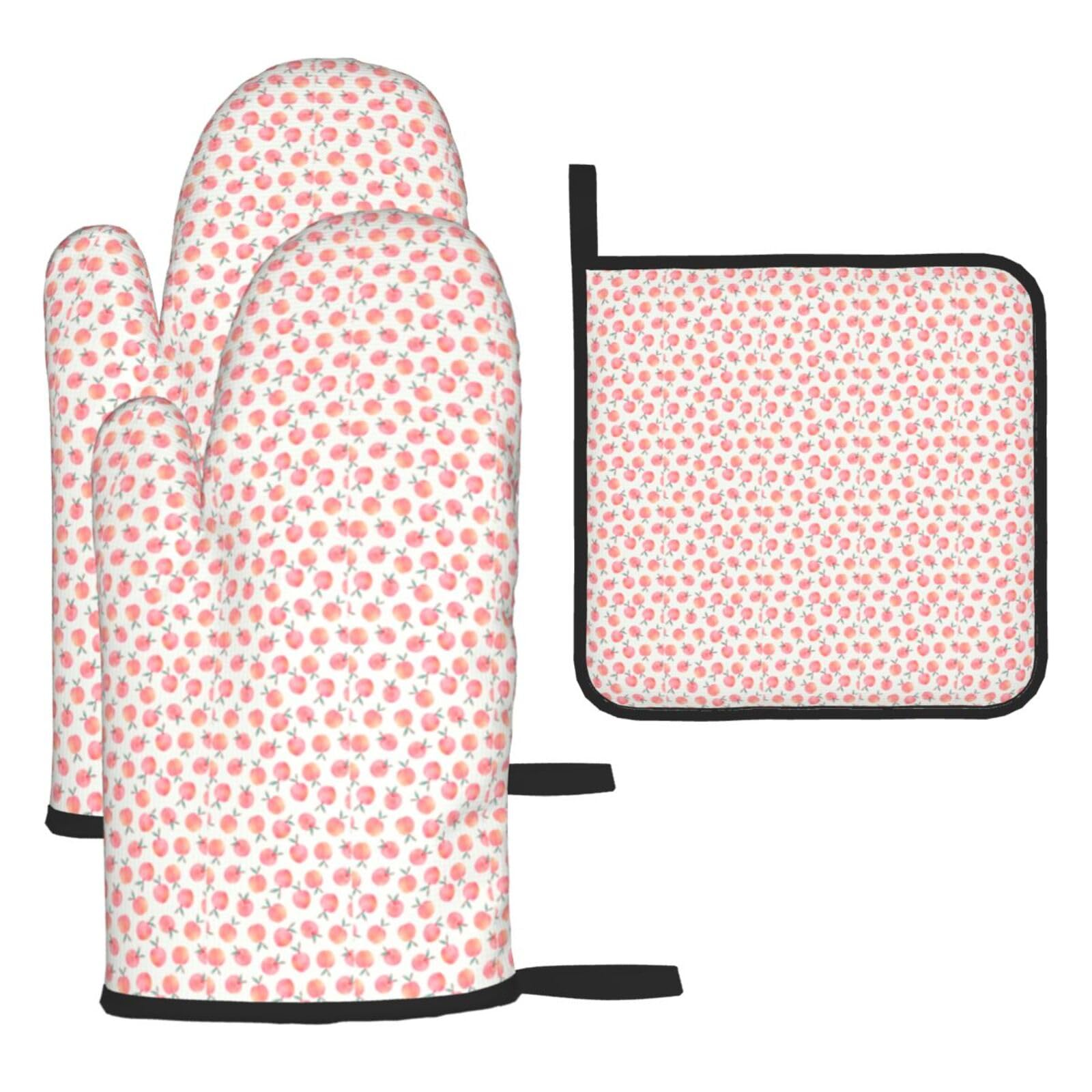 Pink Peach Print Oven Mitts Kitchen Gloves Set Everyday Baking Grilling Microwaving Cooking Gift