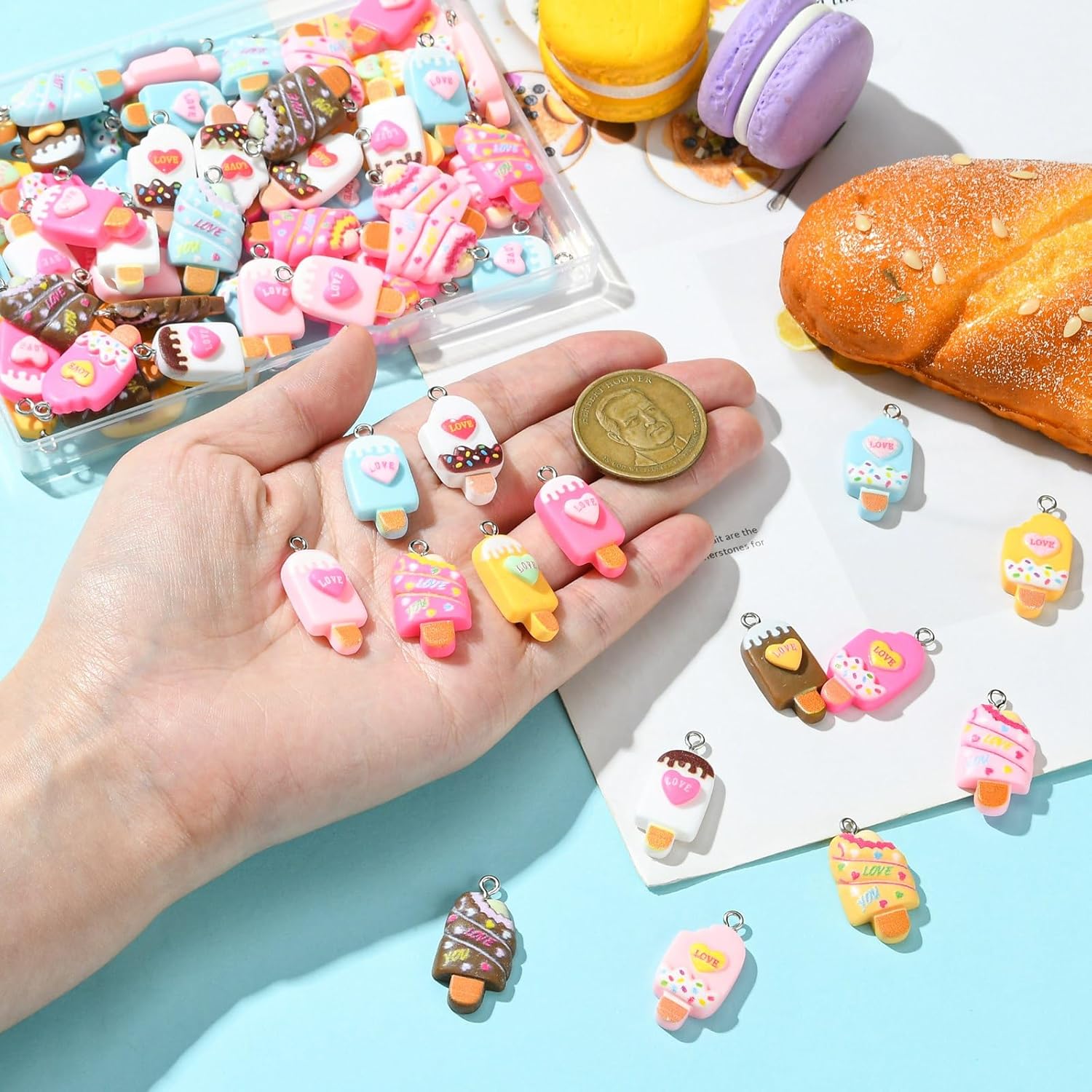 LiQunSweet 80 pcs 16 Styles Colorful Popsicle Theme Resin Charms Sweet Ice Cream Dessert Imitation Food Charms for DIY Jewelry Bracelet Necklace Earring Craft Keychain Accessory - Image 4