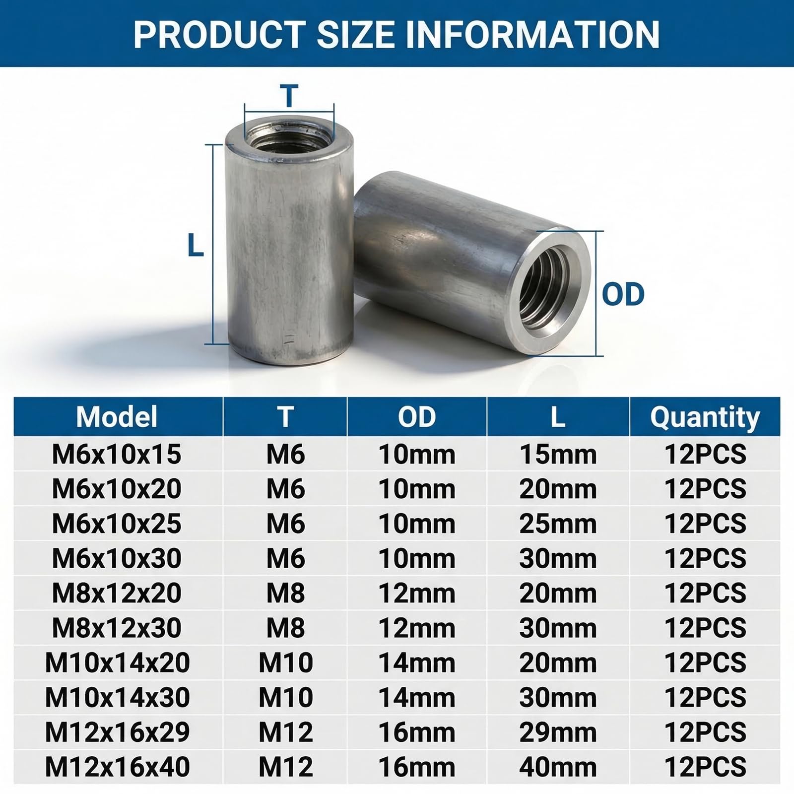 12 Pezzi Manicotto Filettato M6x10x15 mm Dadi di Accoppiamento Tondi M6 Manicotti Filettati Rotondi Dadi di Accoppiamento Acciaio al Carbonio Dado Lungo per Barre Filettate Viti e Bulloni
