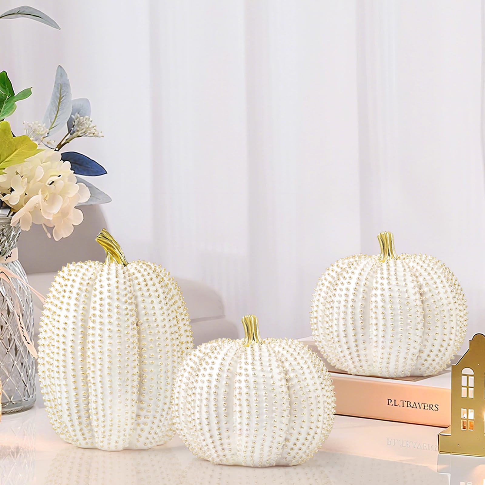 Fangoo 3 Pezzi Resina Zucche Decorazioni Glitterate Bianche e Dorate Centrotavola per Fattoria Autunno Regalo Cucina Decor per Ringraziamento e Raccolto, Centrotavola, Camino, Casa, Ufficio o Fest