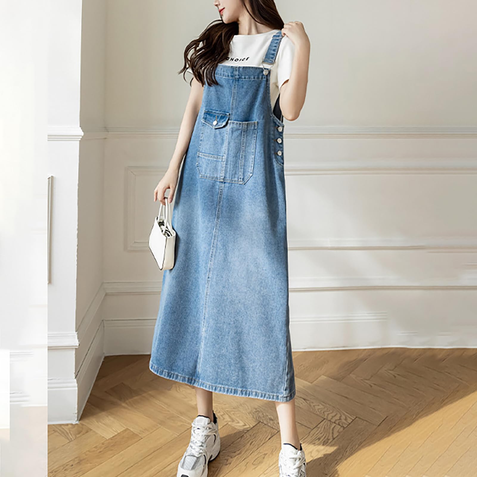 Robe Salopette Femme Mid Longue Robes en Denim Casual Jeans Combinaiso Robe Grande Taille