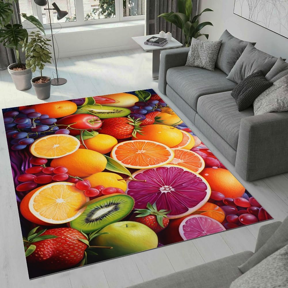 Fresh Bright Fruit Area Rugs, 3x5ft, Orange Grape Strawberry 3D Pattern Rug, Non-Slip Washable Carpet, for Indoor Bedroom Living Room Dining Room Home Office Kid's Room