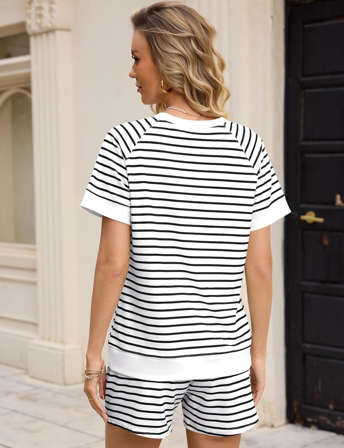 LOMON Women's 2 Piece Short Sets Summer Crew Neck Short Sleeve Matching Sets Outfits with Pockets - Image 3