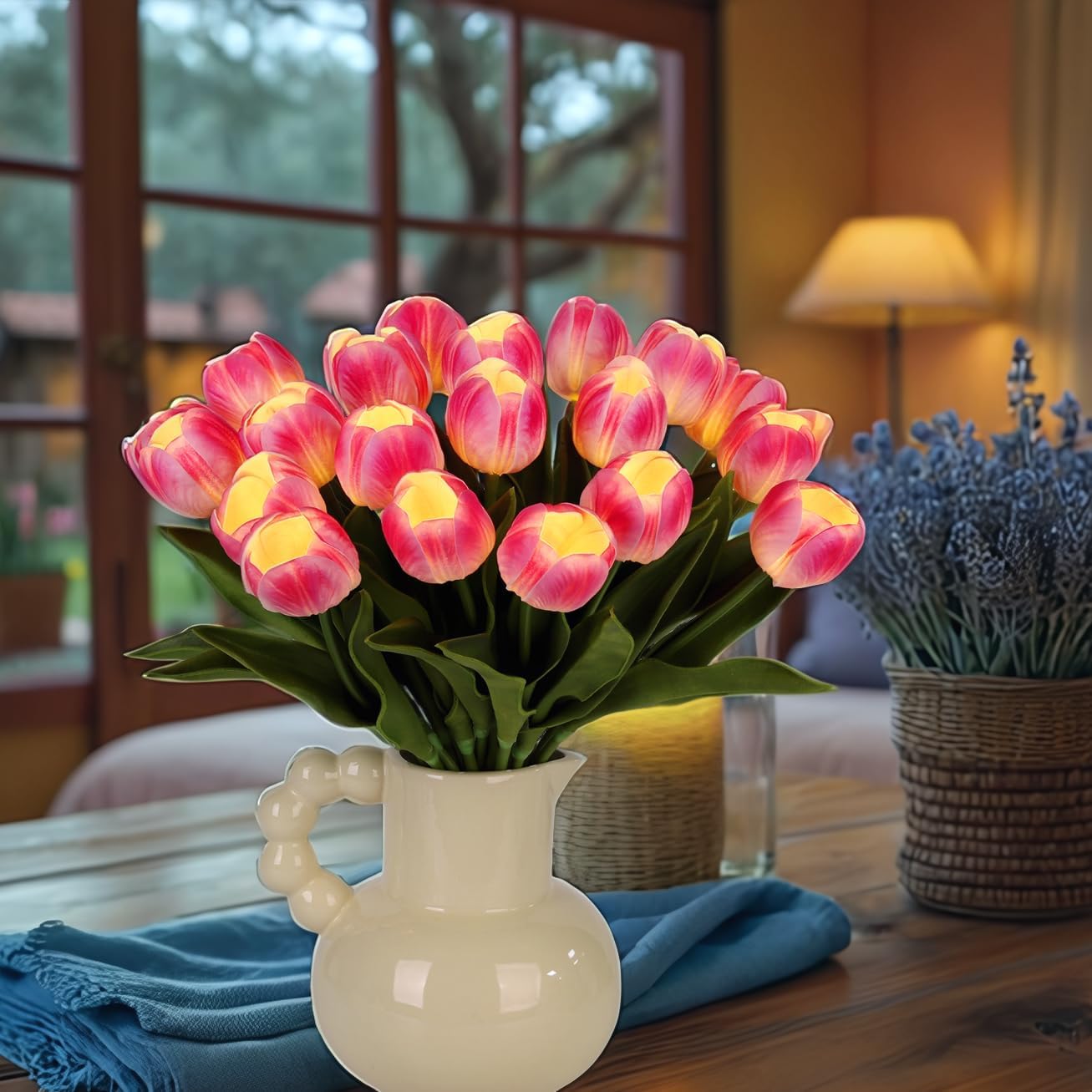 20pcs LED Lighted Artificial Flowers Tulip Lamp Real Touch Tulips Faux Flower Lights for Valentine's Day and Easter Home Kitchen Wedding Dining Table Decor(Hot Pink) - Image 2