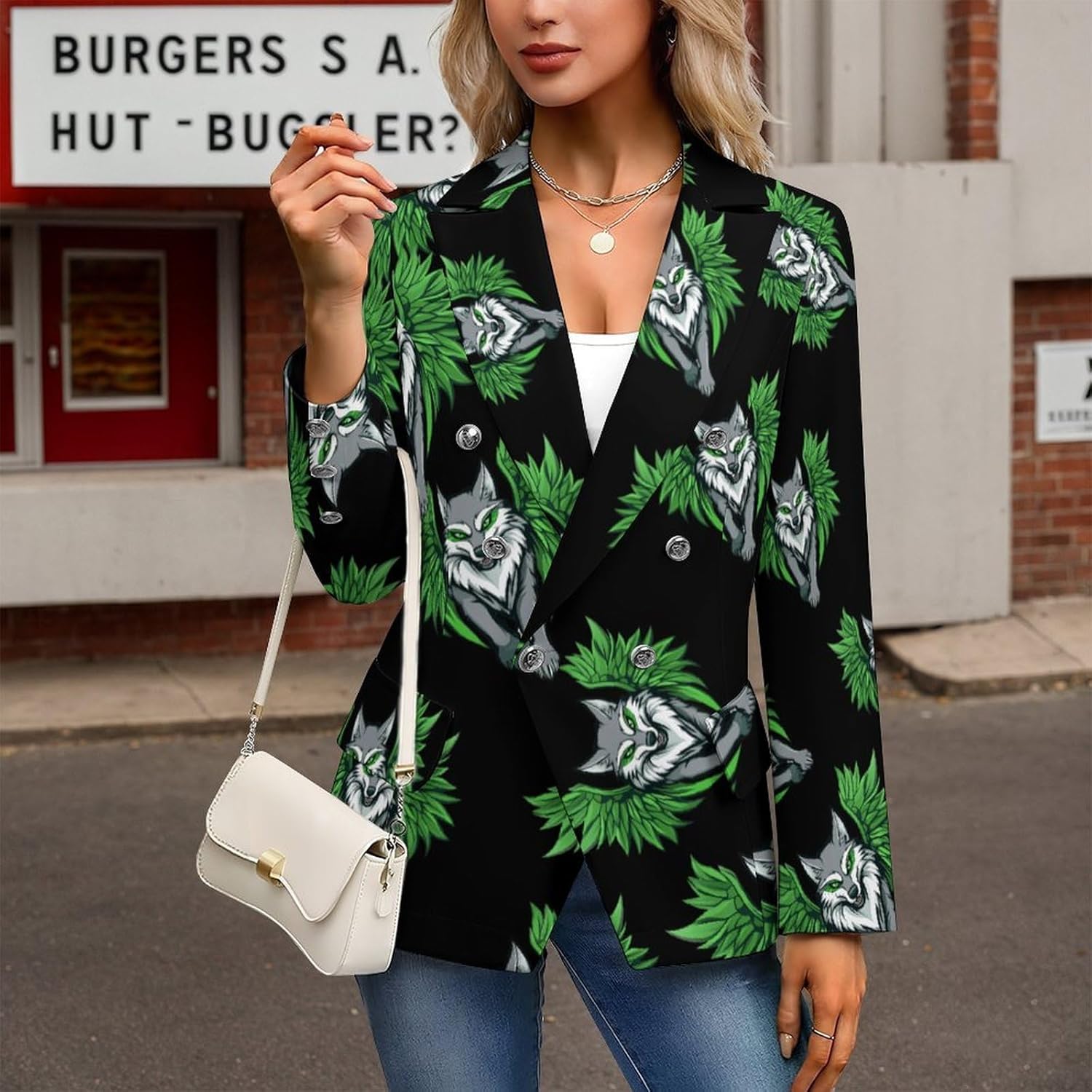Wolf with Wing Women's Blazer Long Sleeve Suits Business Casual Blazers Jackets Lapel Open Front Suit
