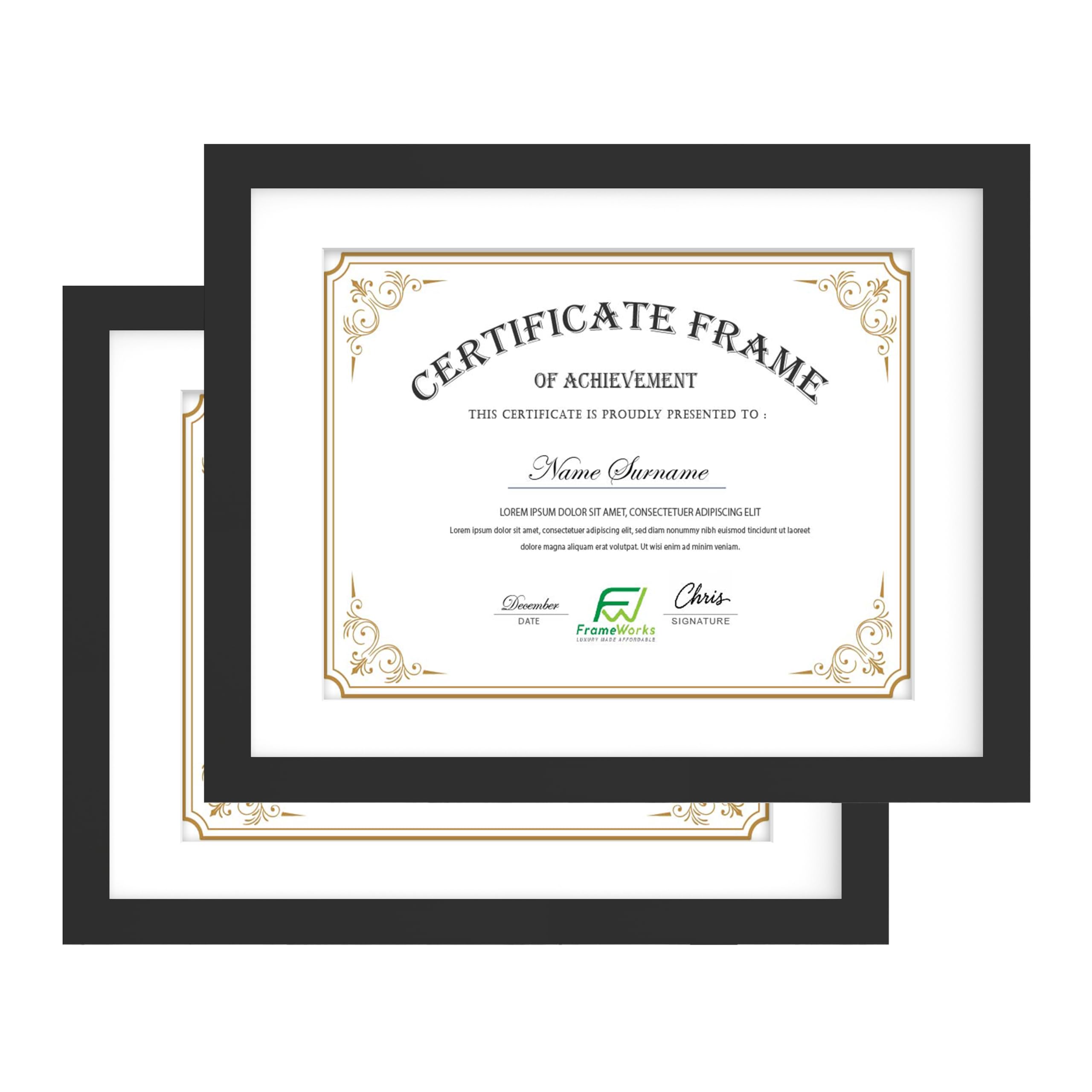 FrameWorks - 2-Pack - 11"x14" Matted to 8.5"x11" Classic Wooden Document and Diploma Frames with Tempered Glass - Black