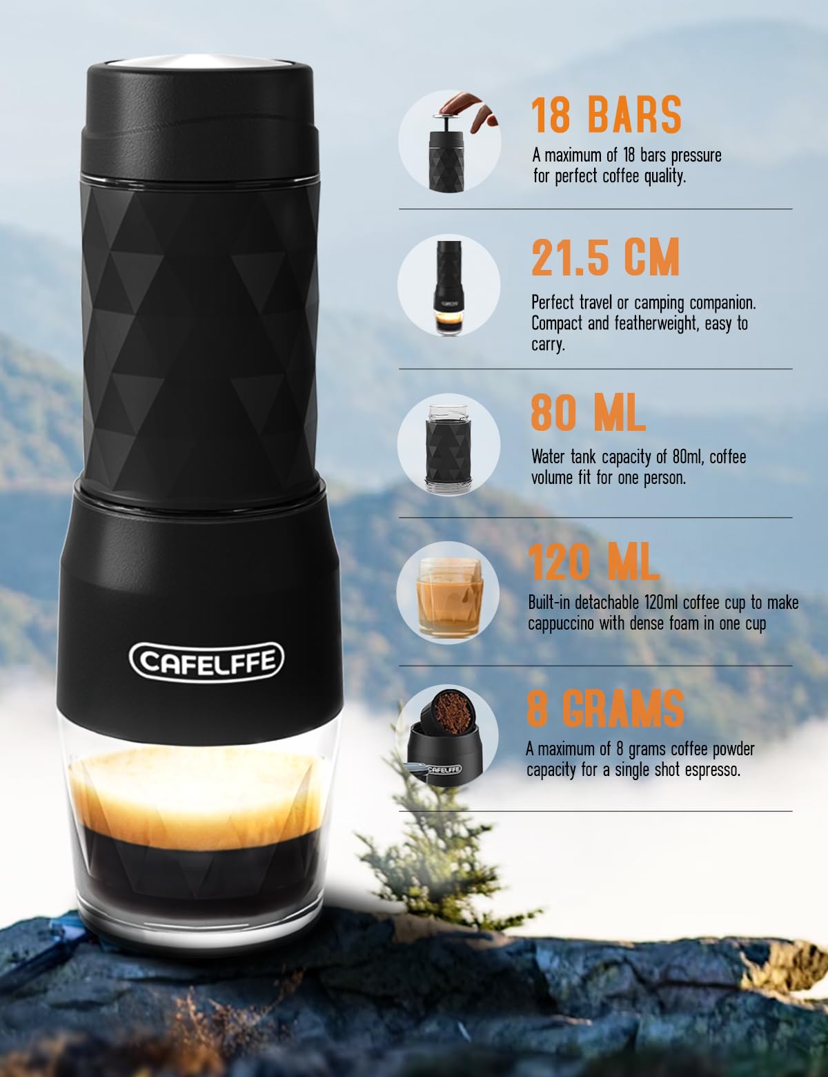 Cafetera portátil, versión actualizada de la máquina de café de cápsulas DG, máquina espresso de 18 bares, mini máquina de café de viaje operada manualmente. Perfecta para camping, negocios