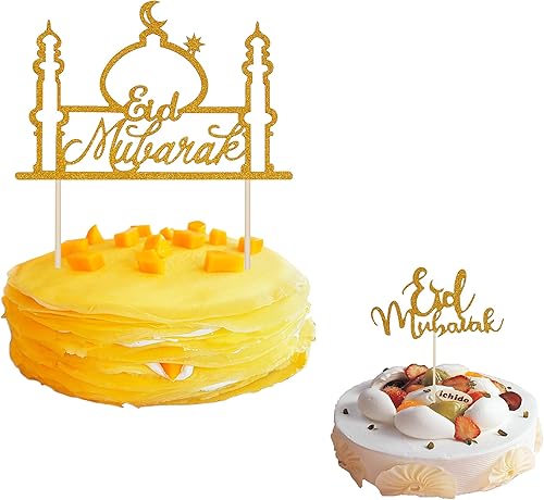 2 piezas Eid Mubarak Ramadán - Decoración para tartas de Ramadán musulmanas, fiesta del Islam dorado para decoración de tartas (dorado)