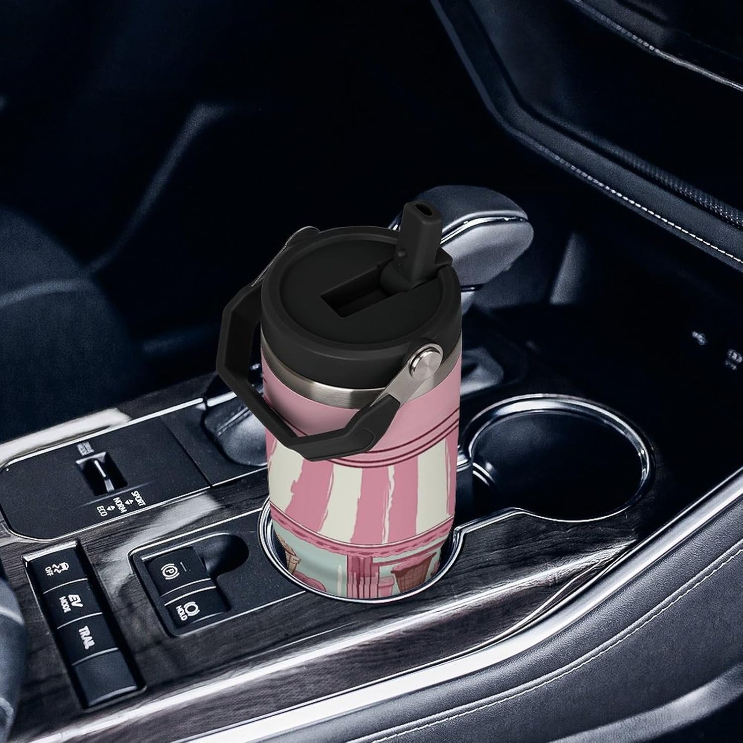 30oz Insulated Tumblers with Top Handle, Stainless Steel Ice Cream Store Pink Car Cup with Straw for Gift, Leak-Proof Double Wall Vacuum Travel Mug, Personalized Water Bottles Black