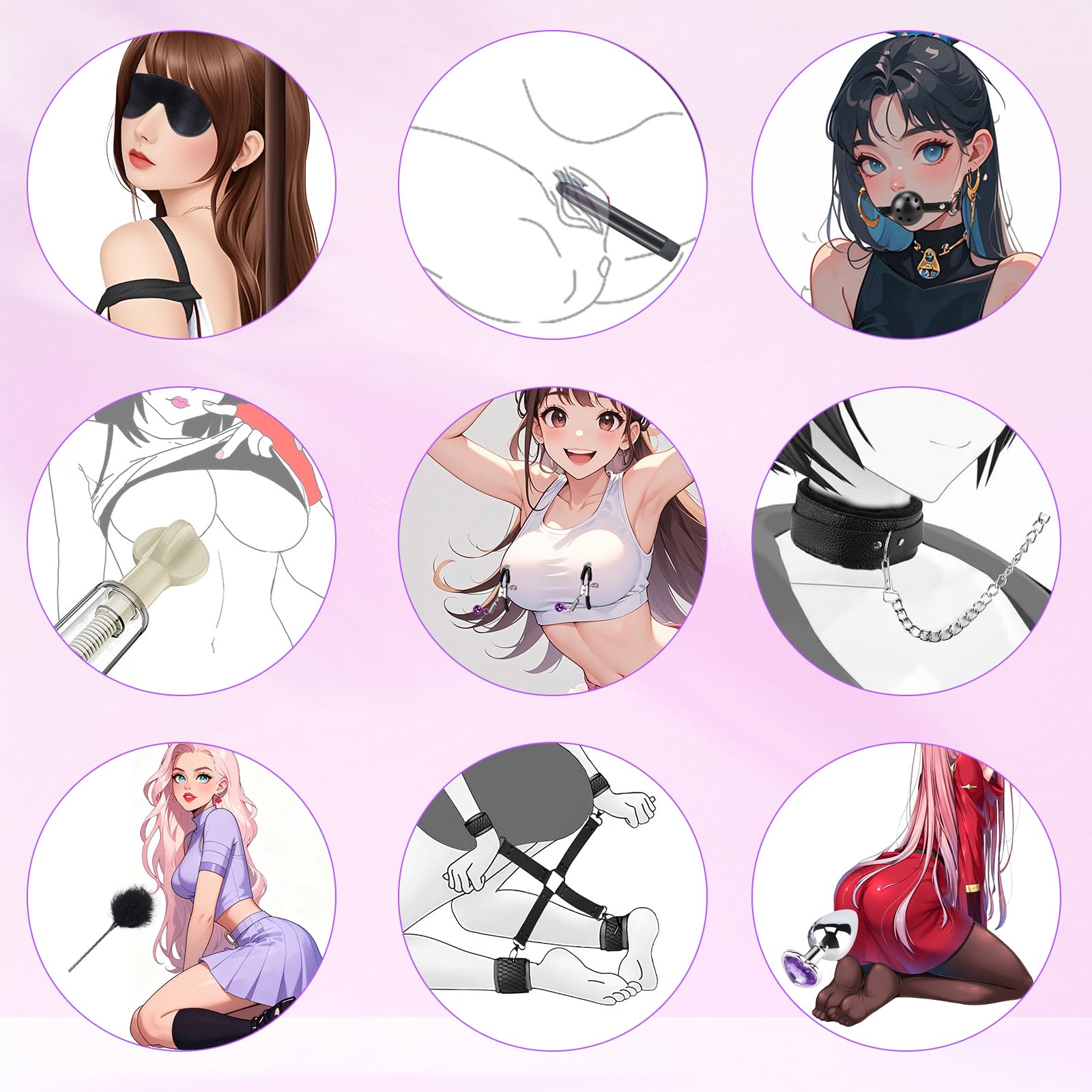 Kit BDSM Bondage 26 Pièces Qoosea pour Couples Menottes Réglables Entraves Cheville Collier avec Set de Plug Anal Pinces à Tétons Fouet Cache-yeux Boule Baillon Jouets Vibrants pour Jeu Sensuel Adulte