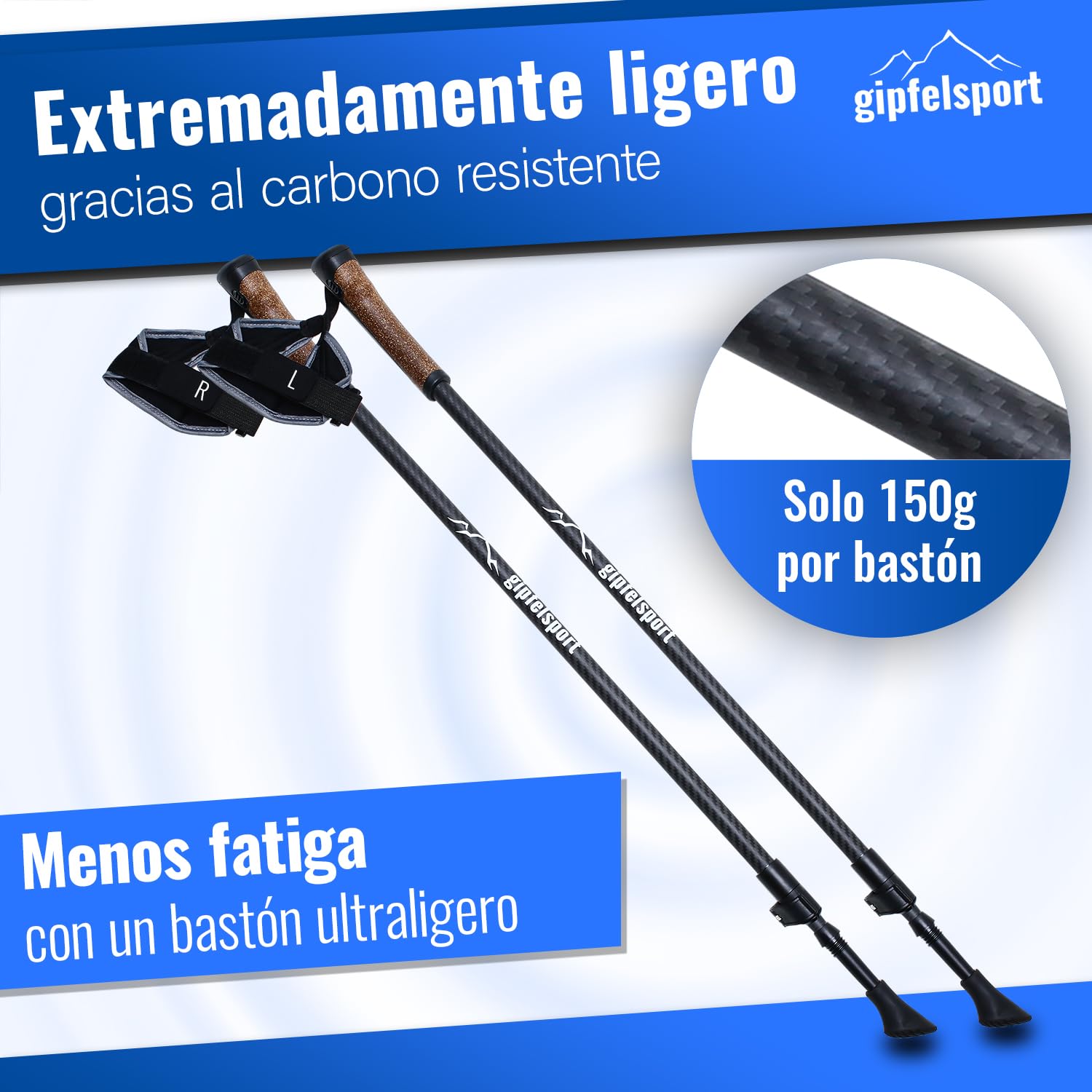 Gipfelsport Bastones de Marcha Nórdica de Carbono y Aluminio - Telescópicos Ajustables para Hombre y Mujer | Bastones de Senderismo de 77 cm - 120 cm