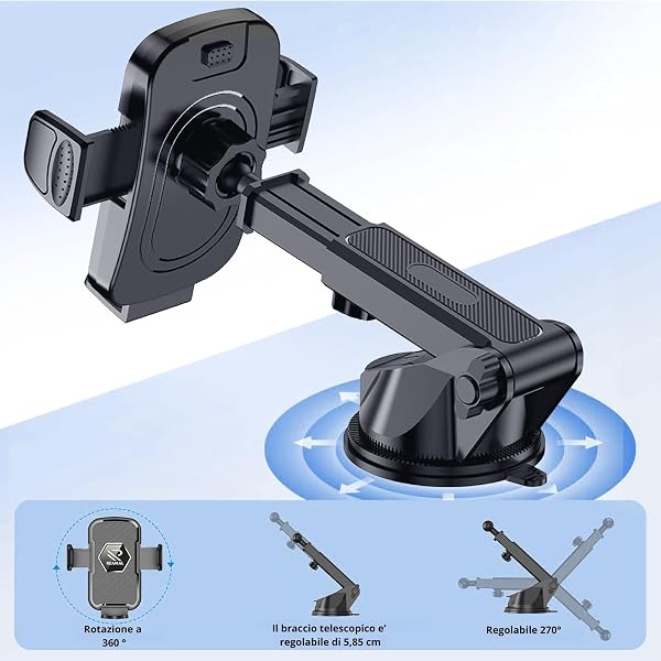 Porta Cellulare Auto Estensibile per Parabrezza e Cruscotto - Supporto Smartphone Universale con Rotazione 360°, Rilascio Rapido, Compatibile con Tutti i Cellulari - 5