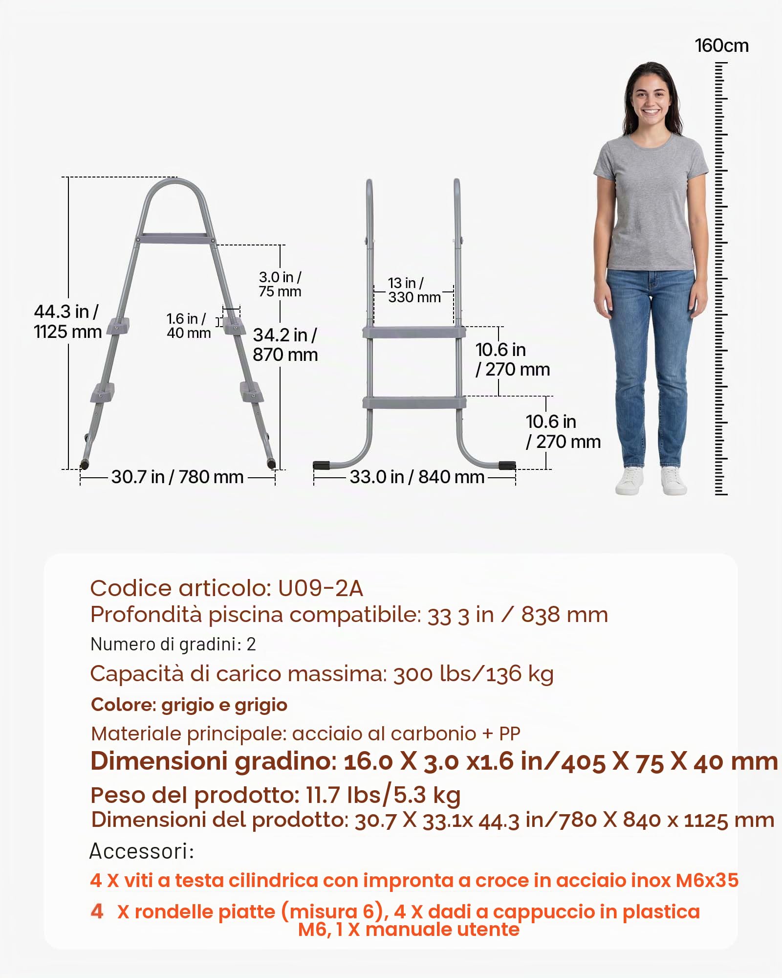 VEVOR Scaletta per Piscine Fuori Terra, Scala di Sicurezza per Piscine a 2 Gradini con Struttura ad A, Altezza 83,8 cm, Telaio in Acciaio, Gradini Antiscivolo, Portata 136 kg, Installazione Facile