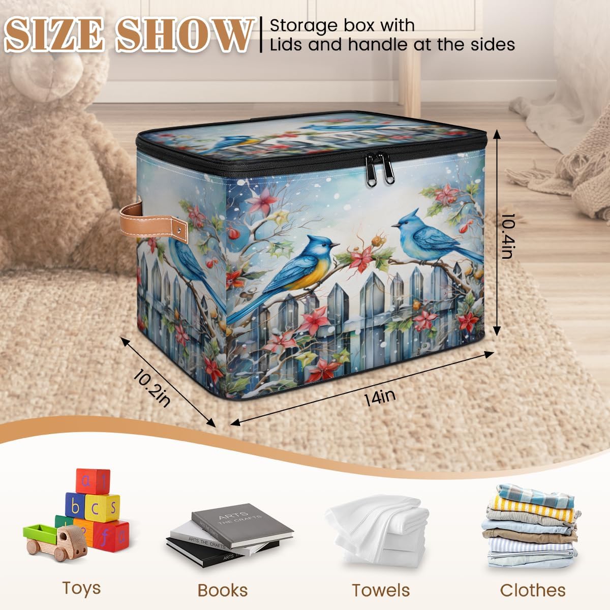 Storage Bin Set of 2 Christmas Birds Storage Basket with Zipper Lid & Handle Foldable Closet Shelf 2 Pack Cloth Organizer Basket Cube Bins Clothes Organizer for Bedroom, Nursery