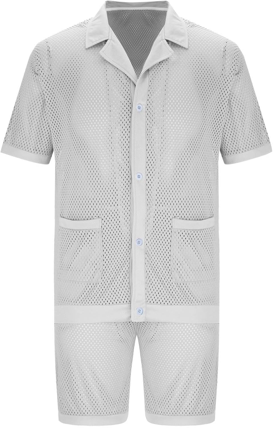 Cambkatl Men's Fishnet Shorts Beach Outfits Mesh Hollow Casual Summer Short Sleeve Button Down Shirt 2 Piece Vacation Sets