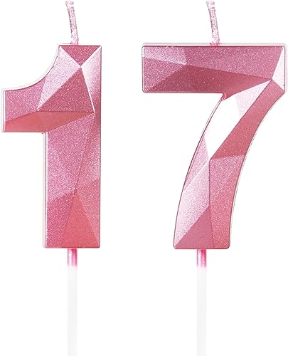 Velas del número 17, velas de cumpleaños 17, vela rosa de feliz cumpleaños para pastel, decoración de pastel de diseño 3D para niñas, mujeres,