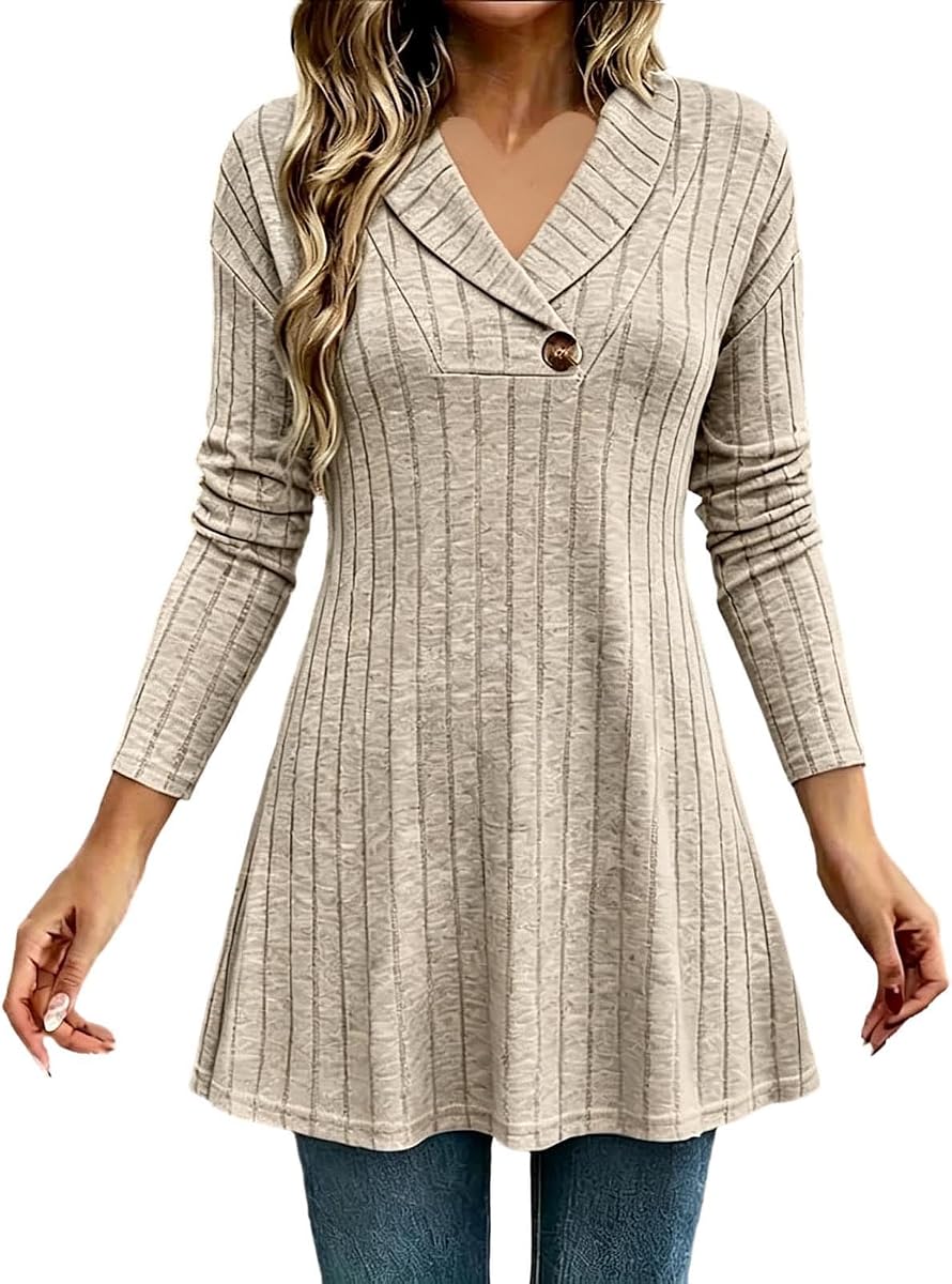 Womens Tunic Tops Long Sleeve Ribbed Knit V Neck Fall Sweaters