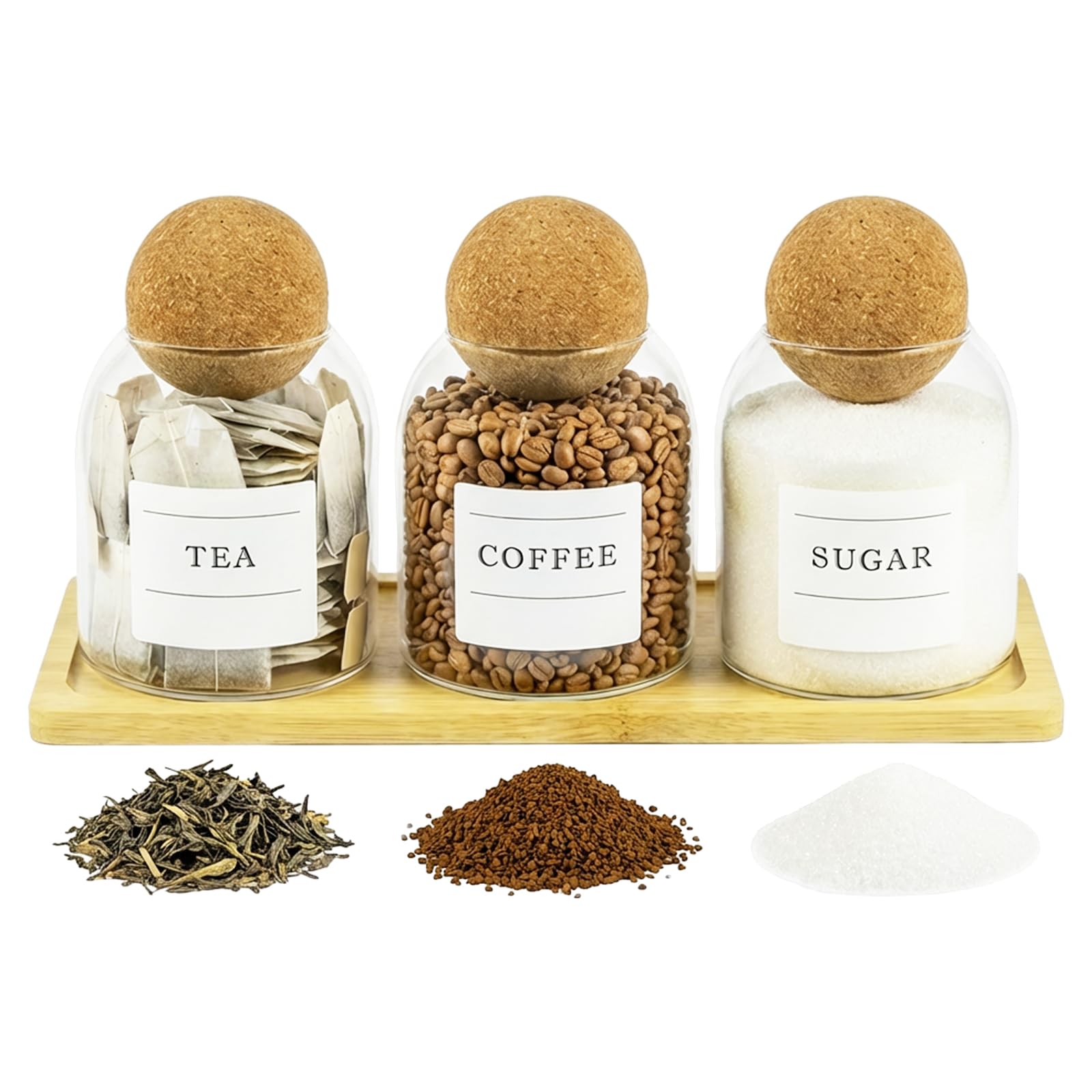 Spares2go Glass Jar Canisters with Cork Ball Lids Tea Coffee Sugar Containers + Wooden Stand + Labels (Set of 3, 500ml Capacity)